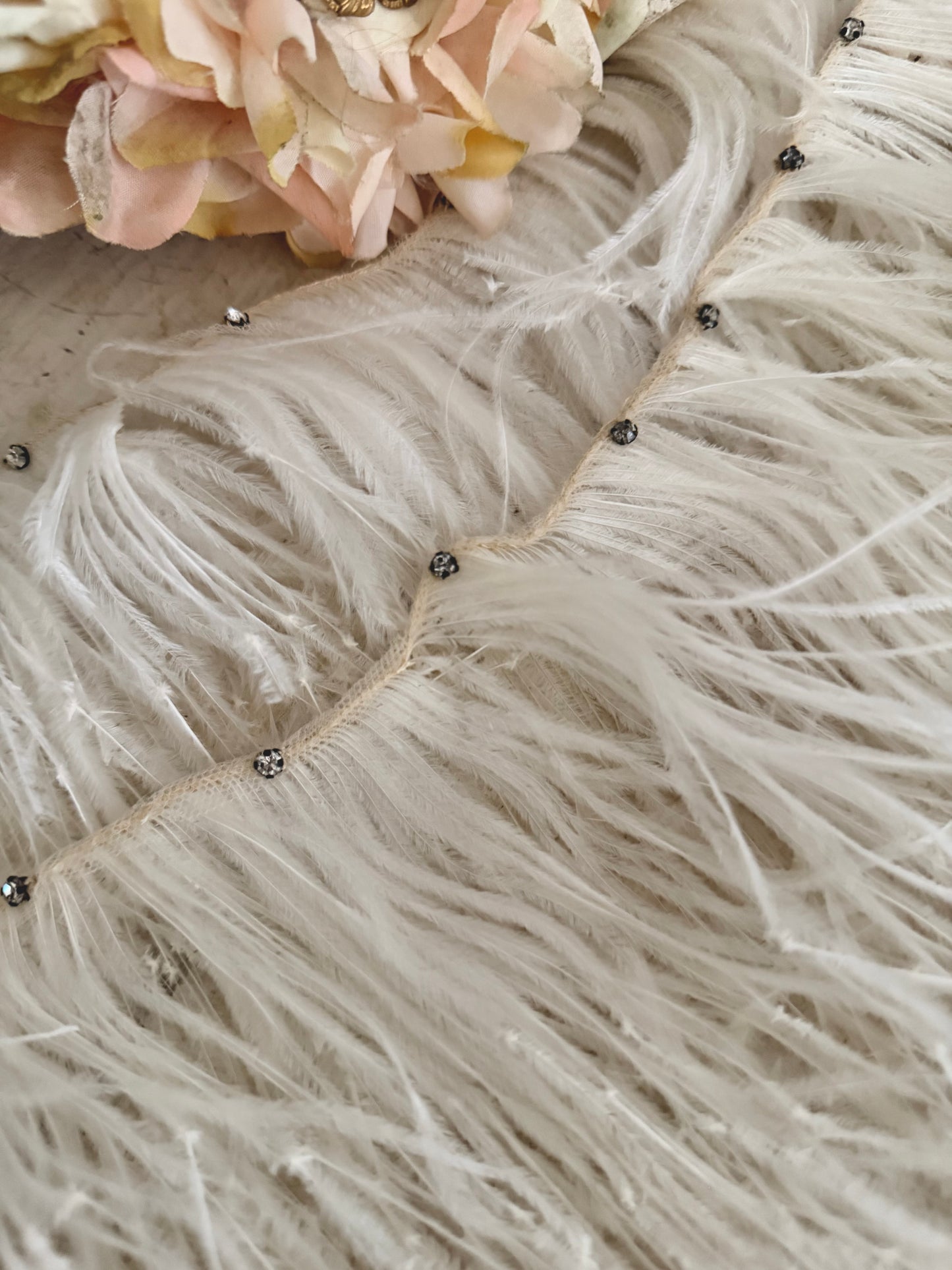 Antique White Ostrich Feather Rhinestone Costume Trim