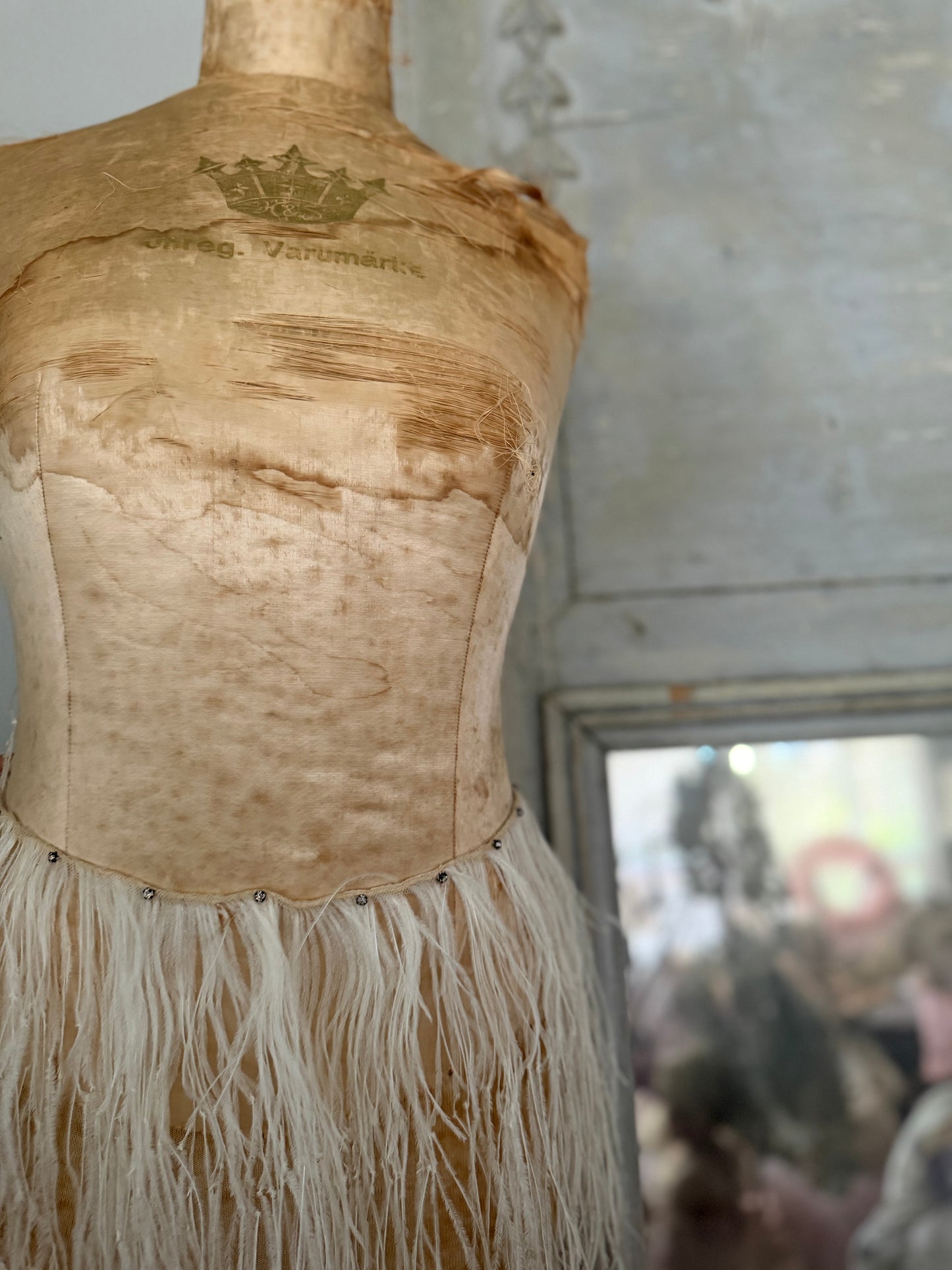 Antique White Ostrich Feather Rhinestone Costume Trim