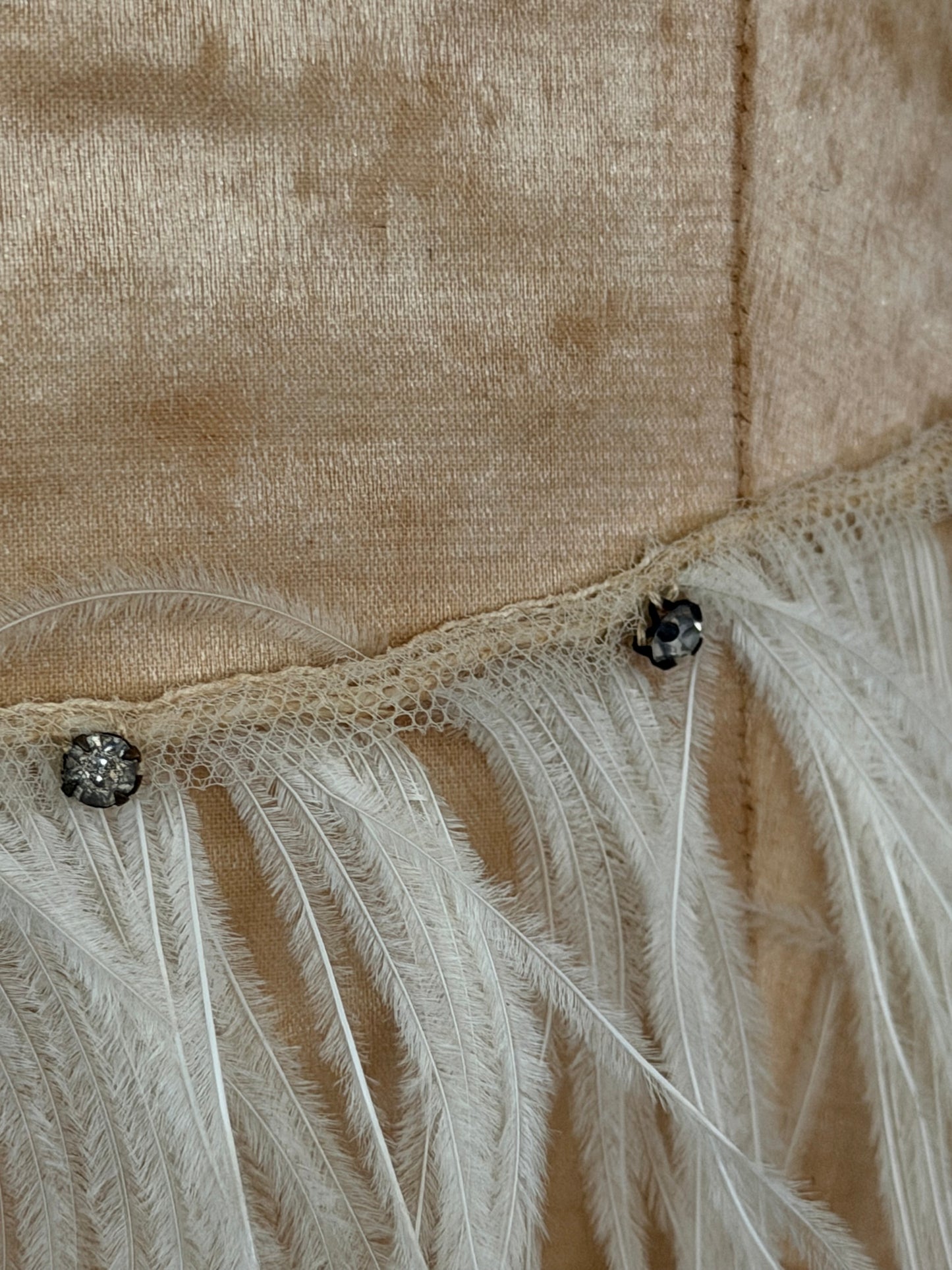 Antique White Ostrich Feather Rhinestone Costume Trim