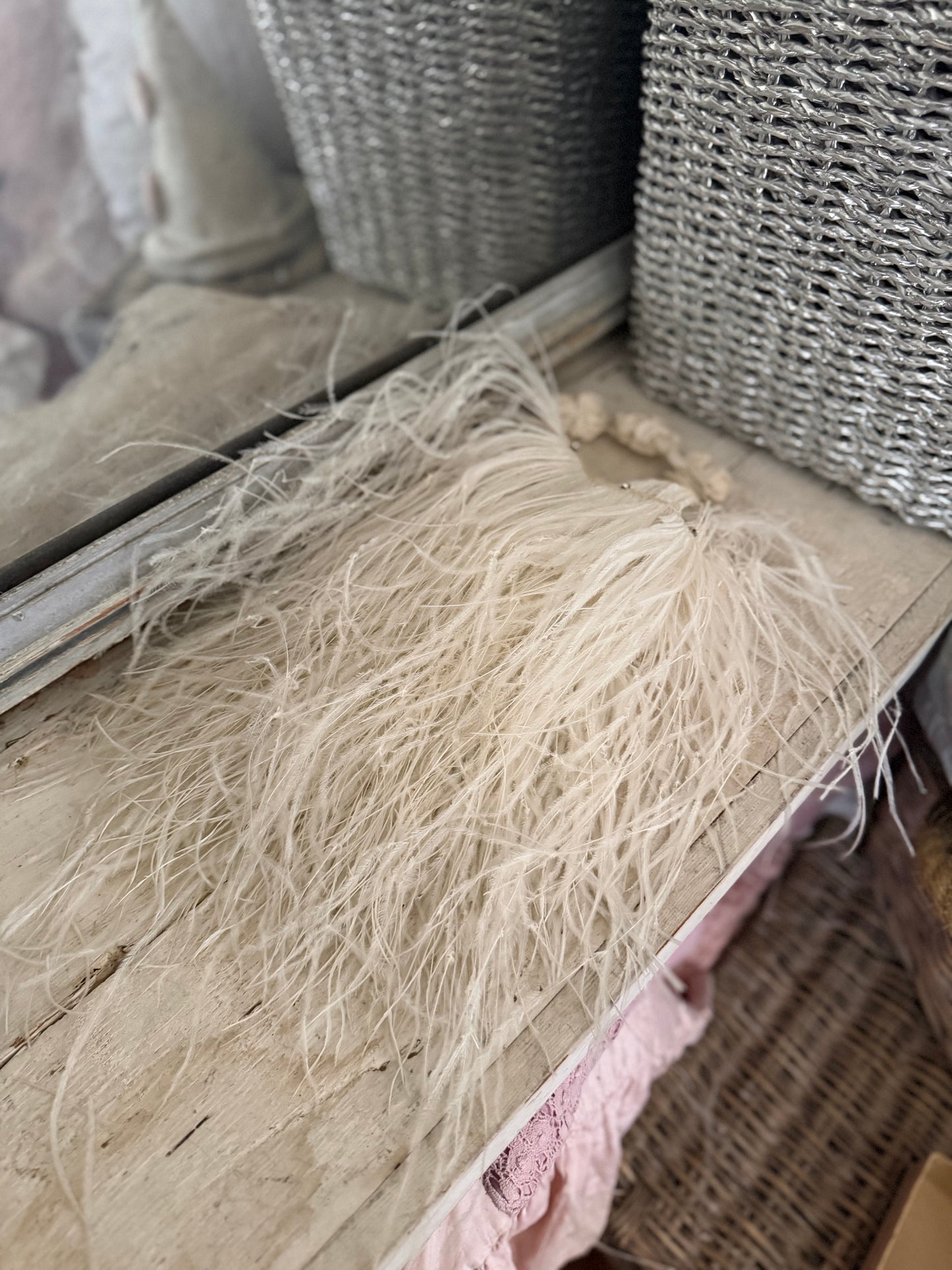 Antique White Ostrich Feather Rhinestone Costume Trim