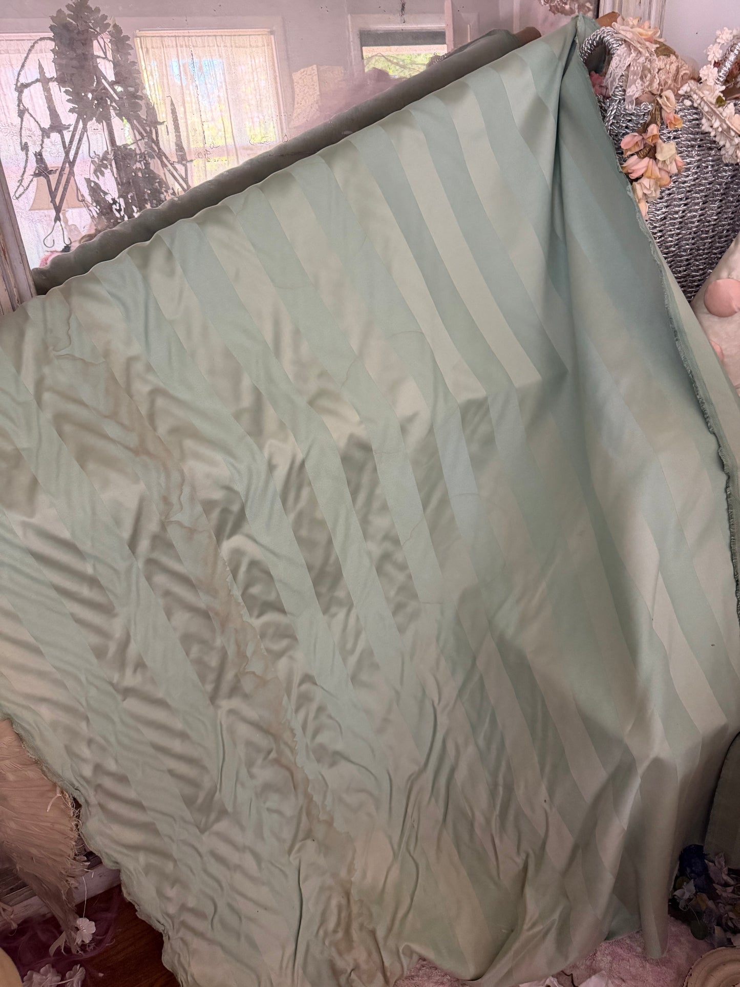 Vintage Stripe Green Silk Upholstery Fabric Yardage