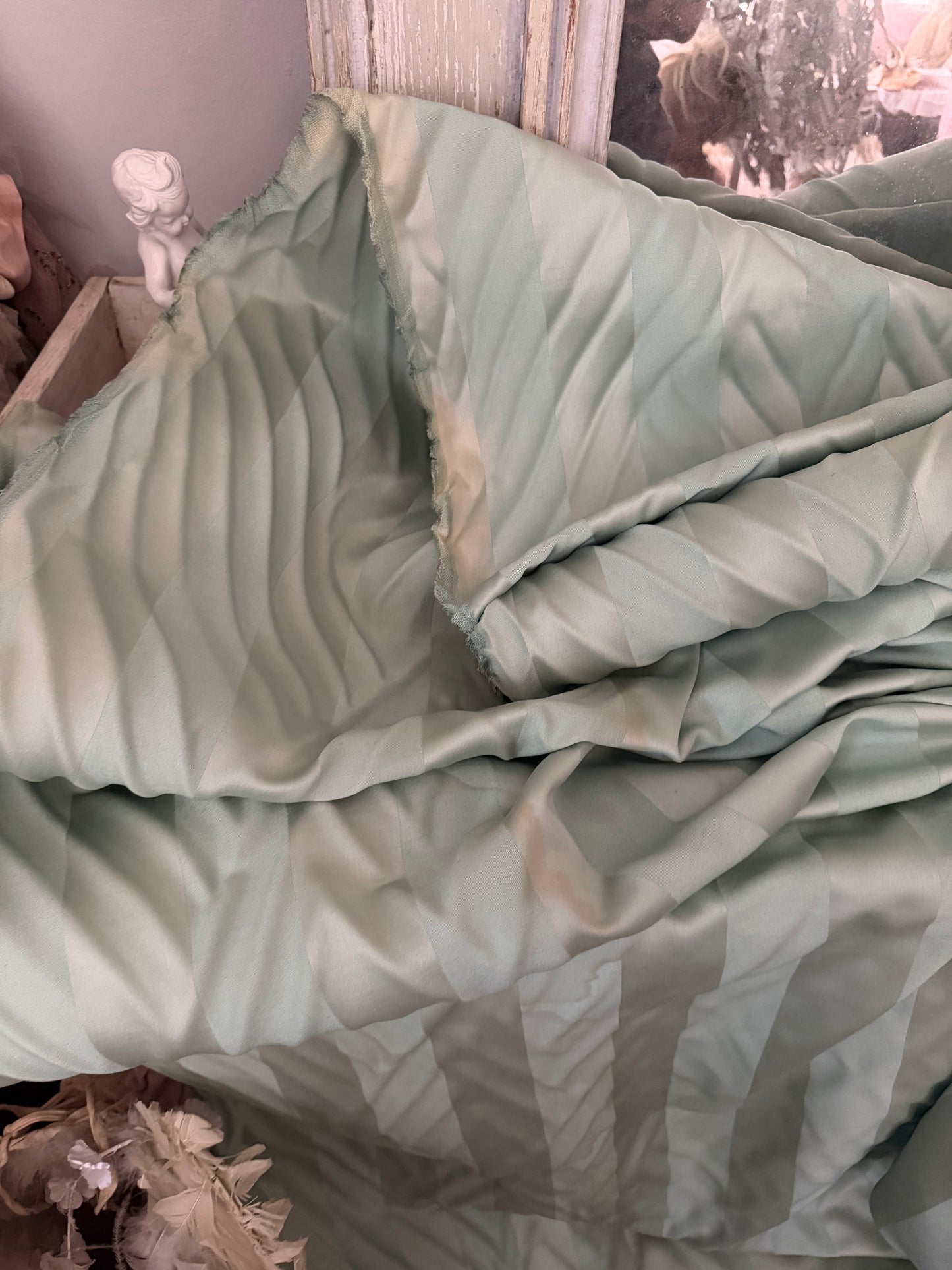 Vintage Stripe Green Silk Upholstery Fabric Yardage