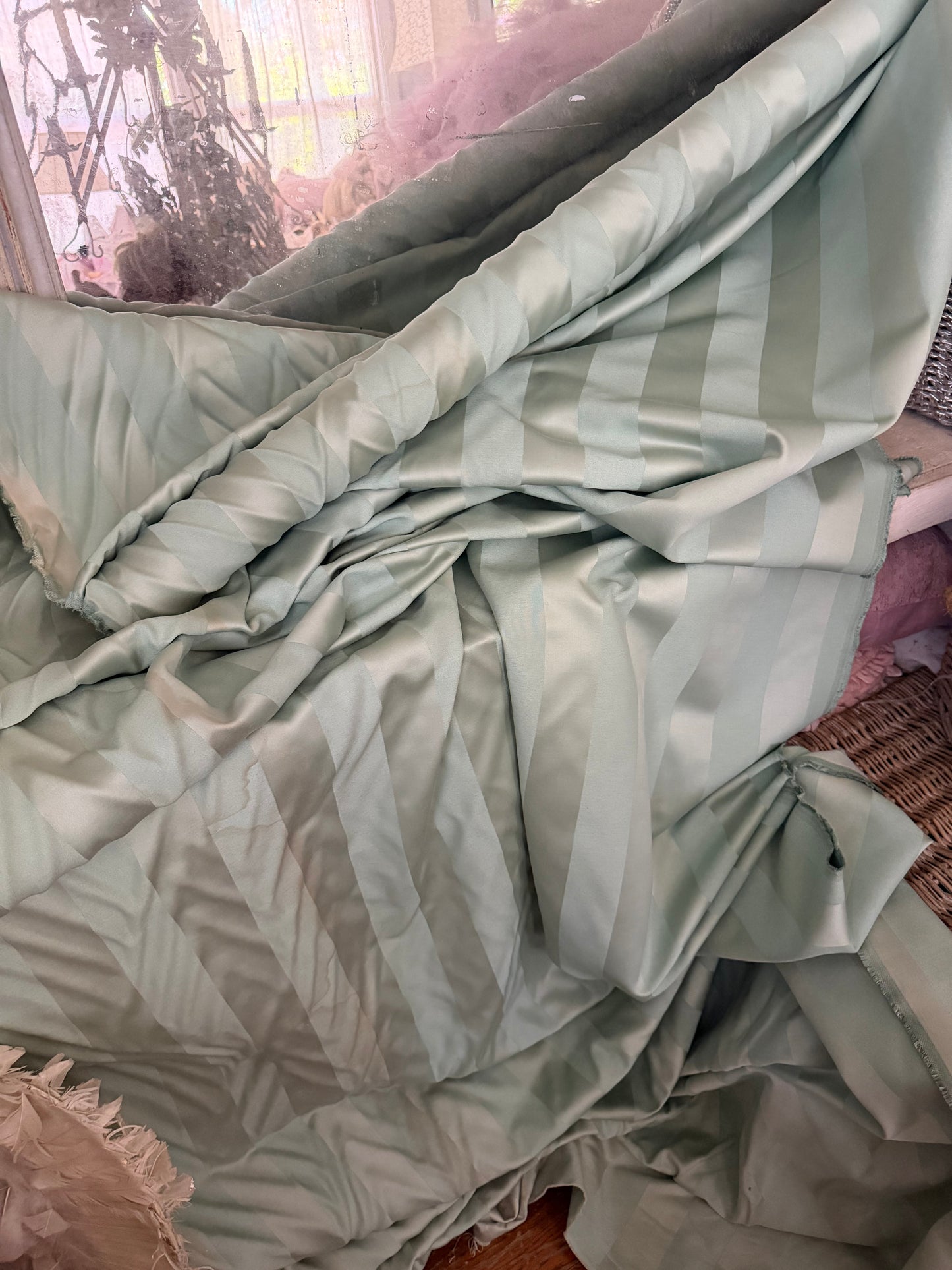 Vintage Stripe Green Silk Upholstery Fabric Yardage