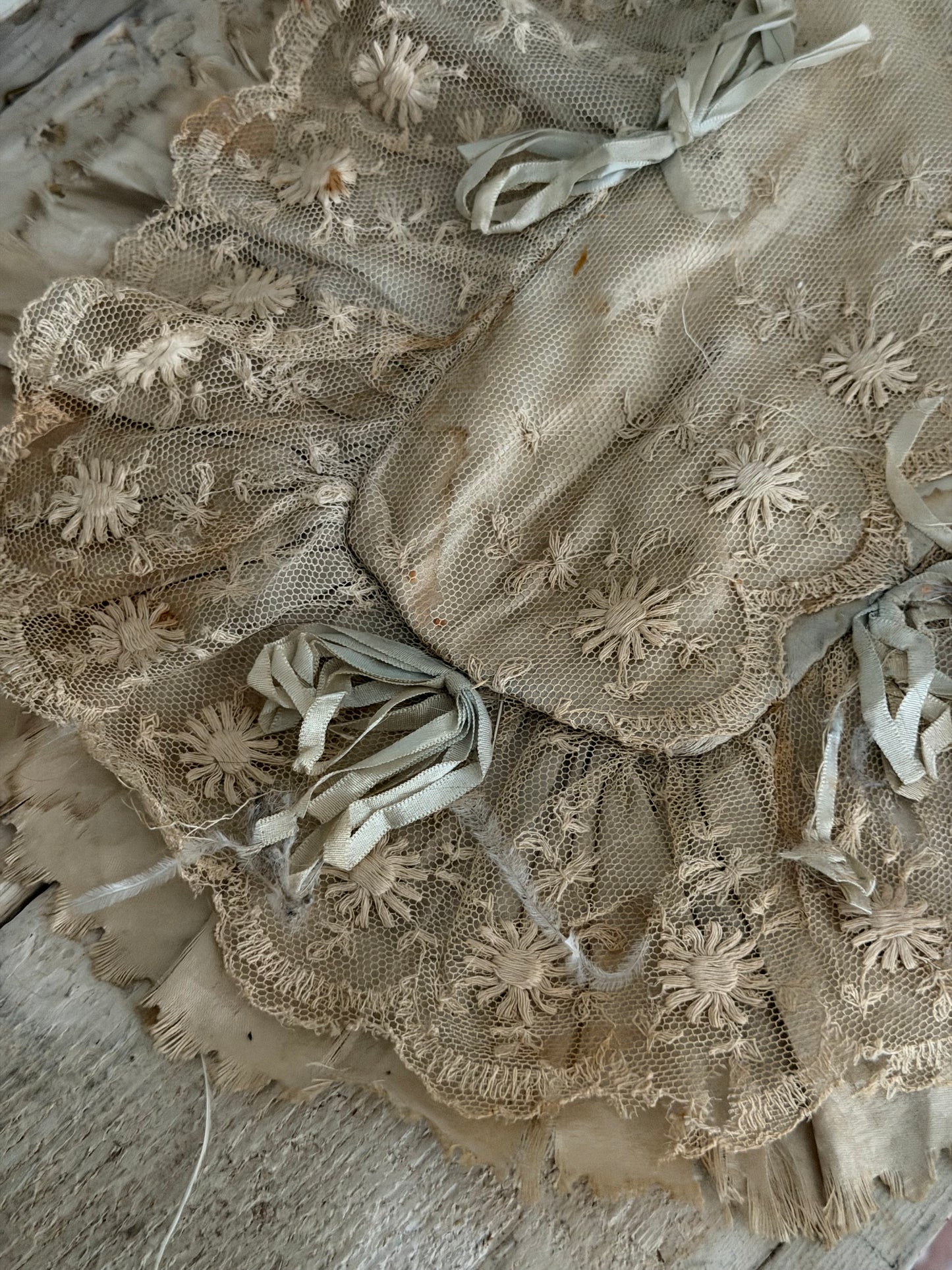 Antique Blue Silk Ribbon Bows Lace Cushion Cover