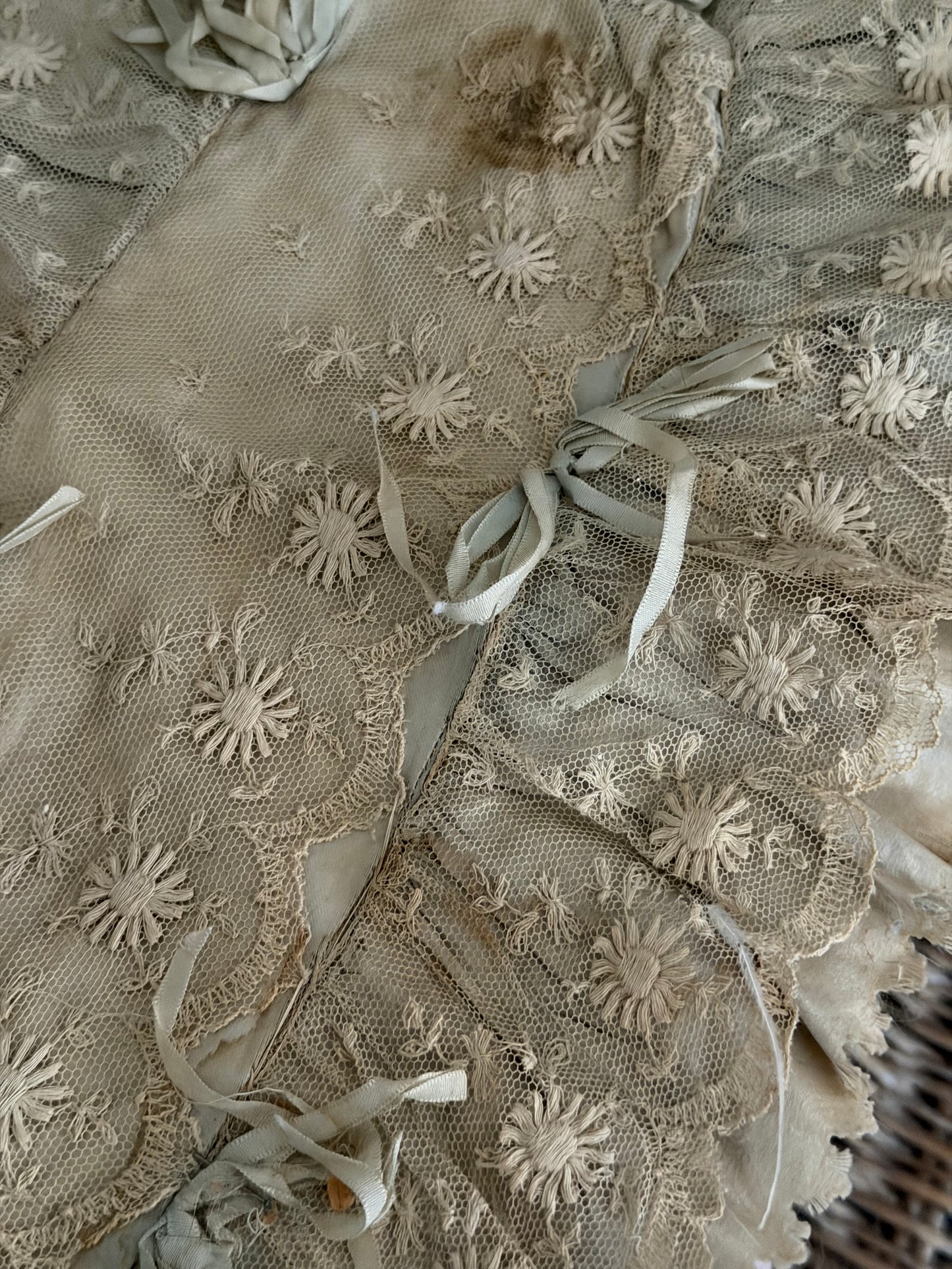 Antique Blue Silk Ribbon Bows Lace Cushion Cover