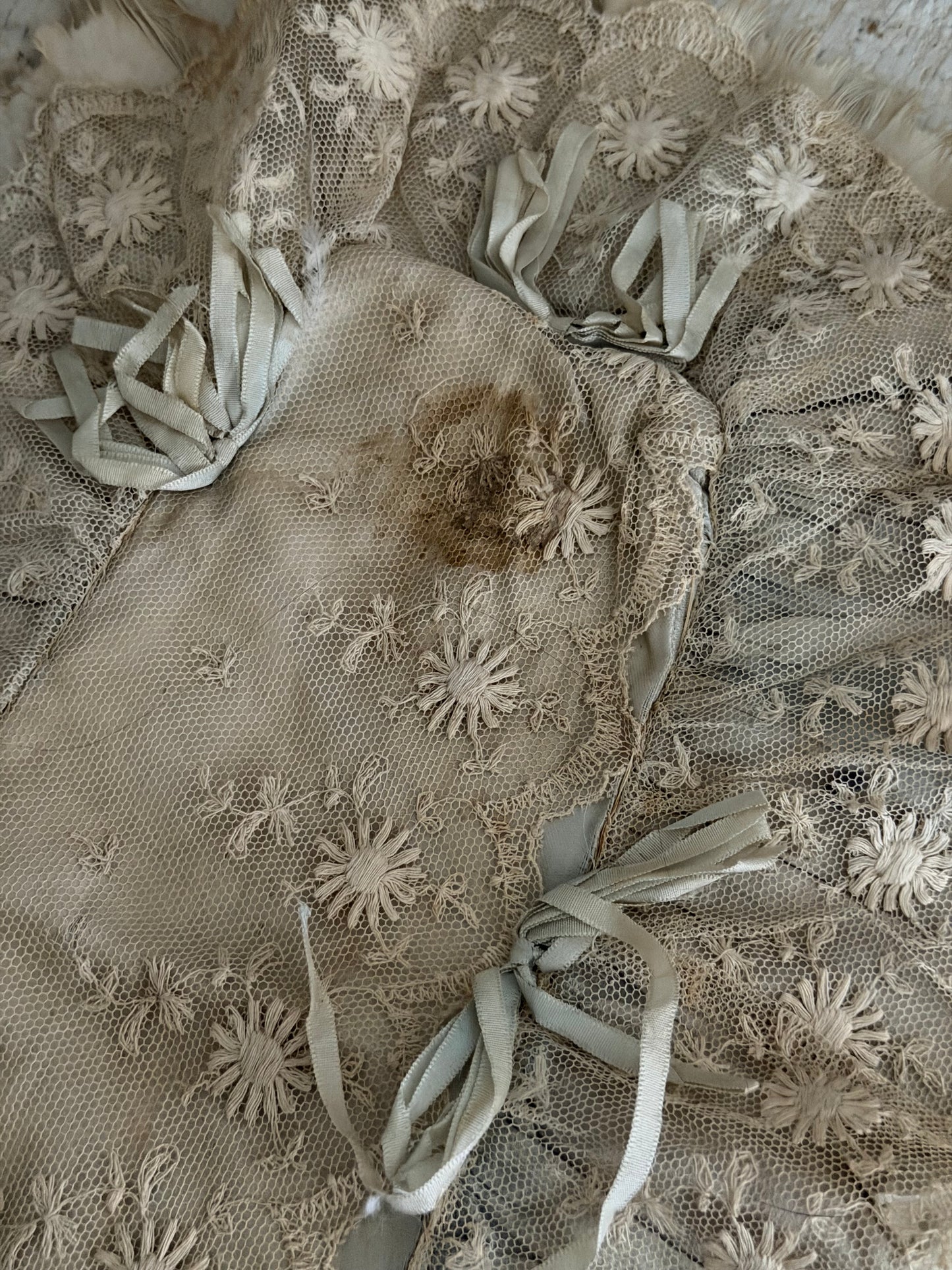 Antique Blue Silk Ribbon Bows Lace Cushion Cover