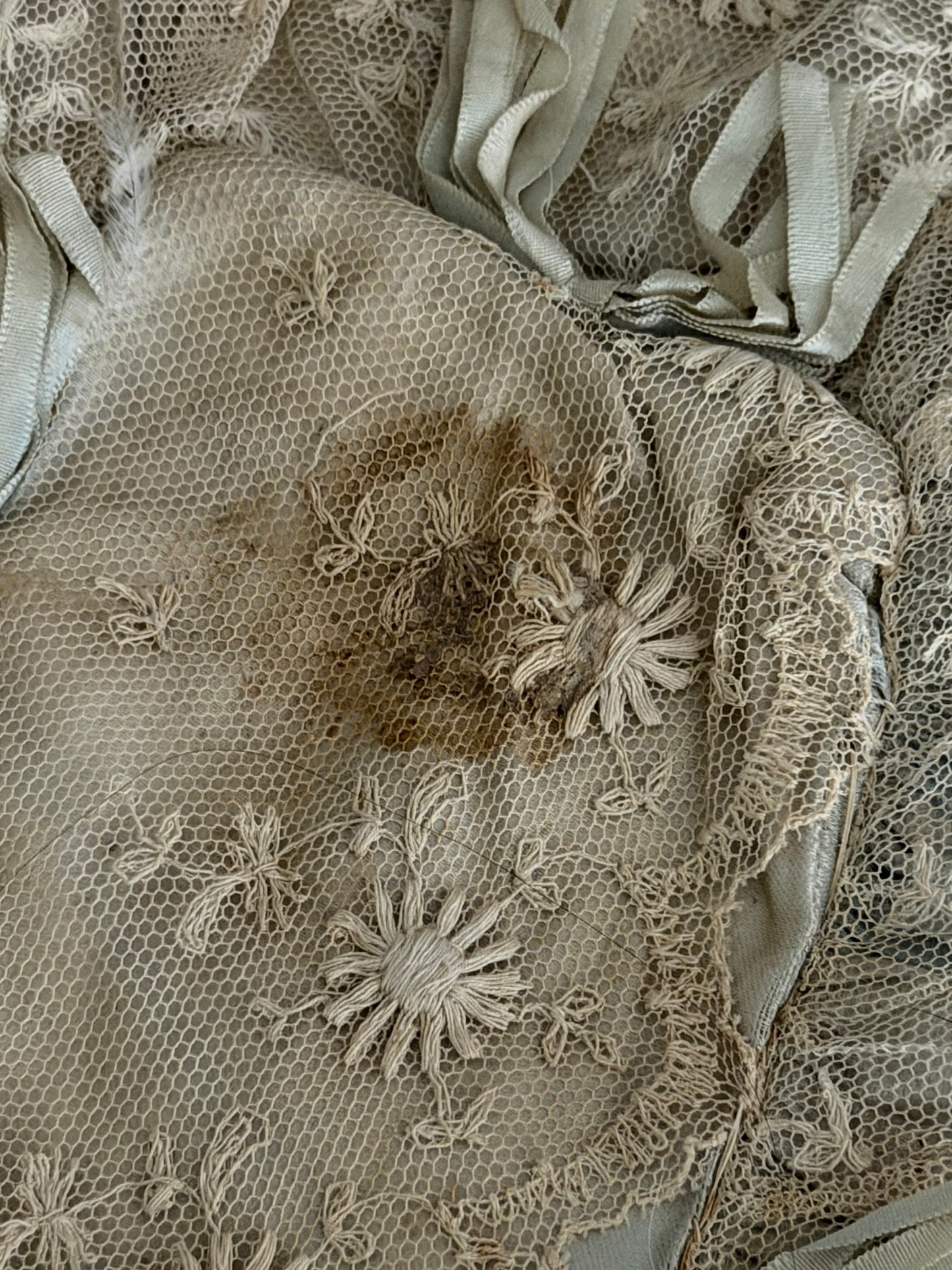 Antique Blue Silk Ribbon Bows Lace Cushion Cover