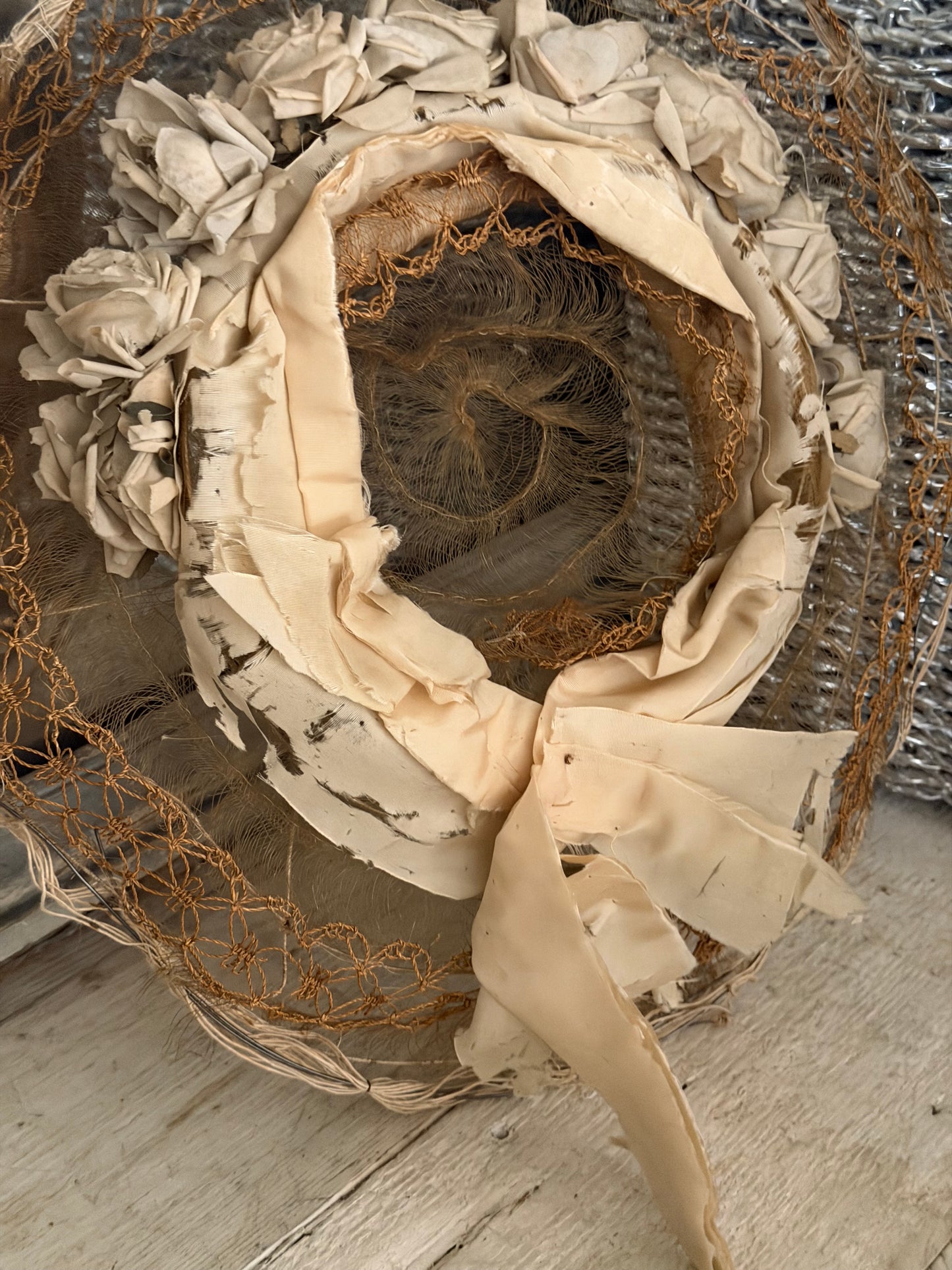 Antique Victorian Horse Hair Straw Rose Silk Ribbon Millinery Hat