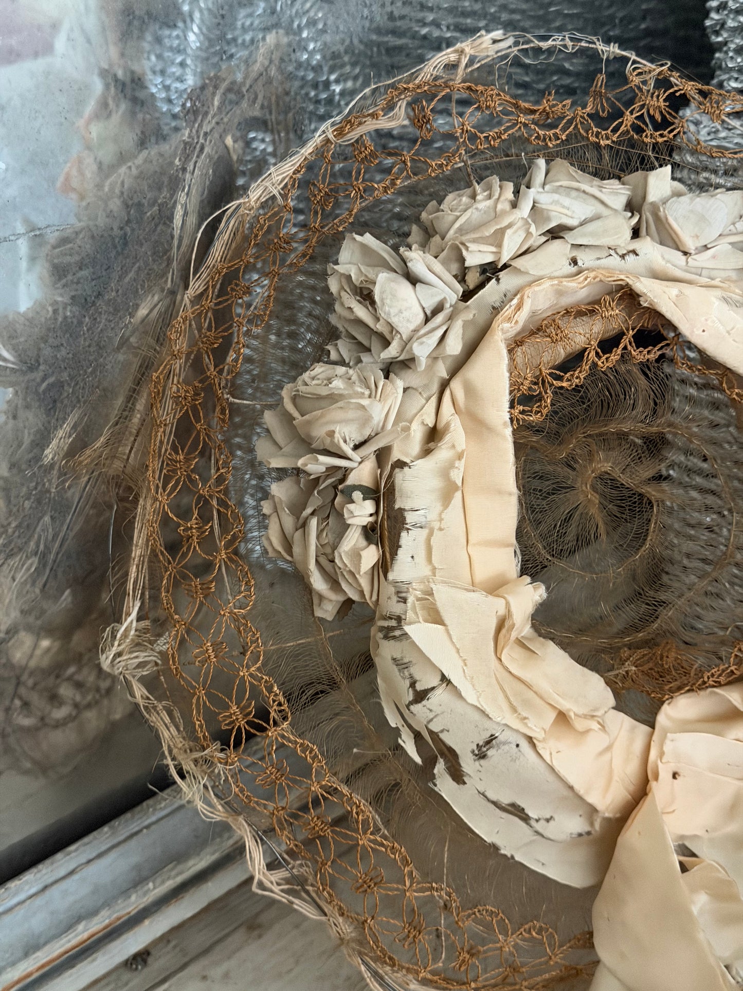 Antique Victorian Horse Hair Straw Rose Silk Ribbon Millinery Hat