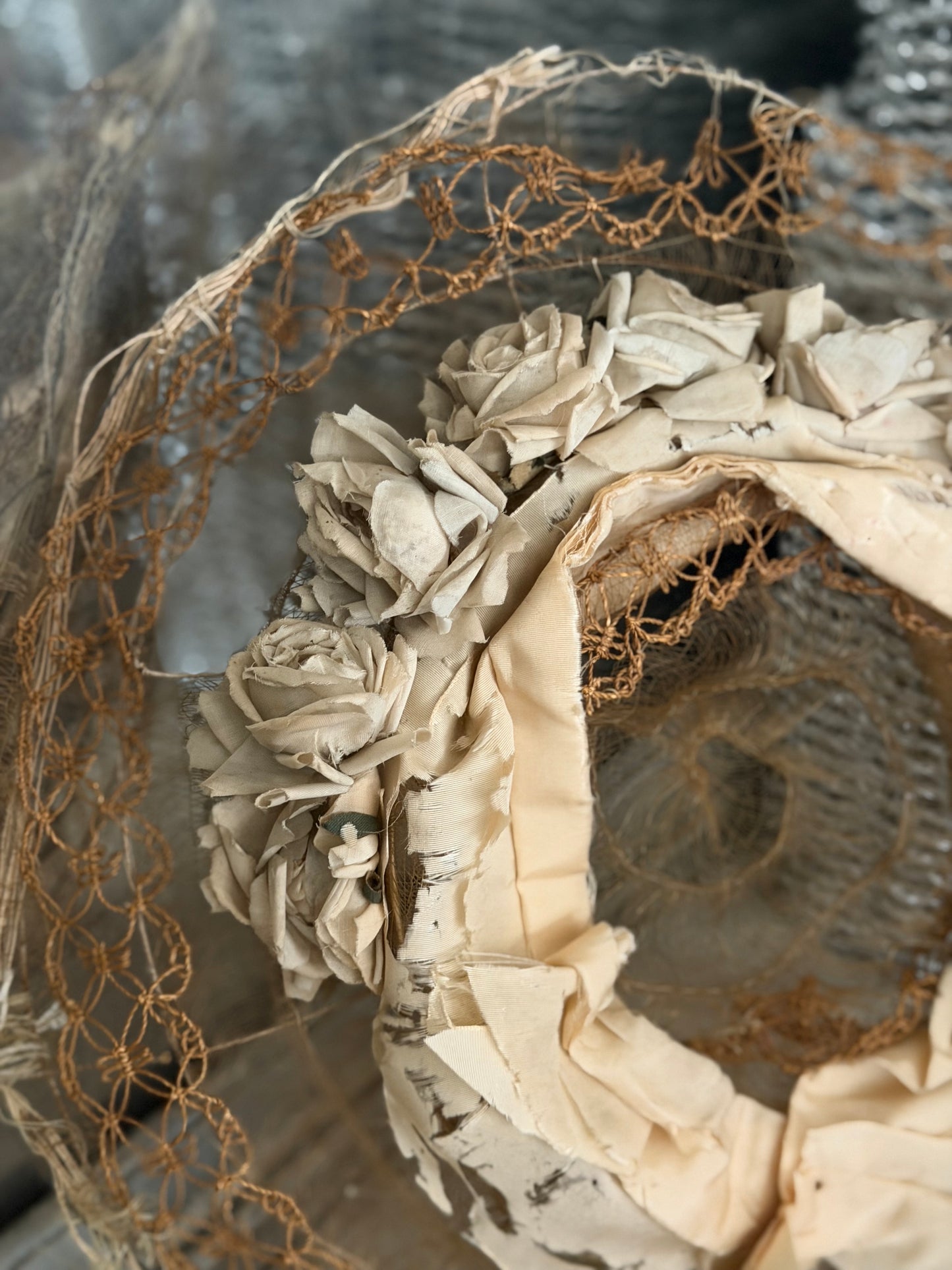 Antique Victorian Horse Hair Straw Rose Silk Ribbon Millinery Hat