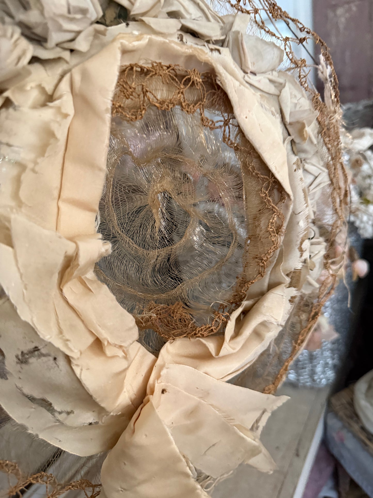 Antique Victorian Horse Hair Straw Rose Silk Ribbon Millinery Hat