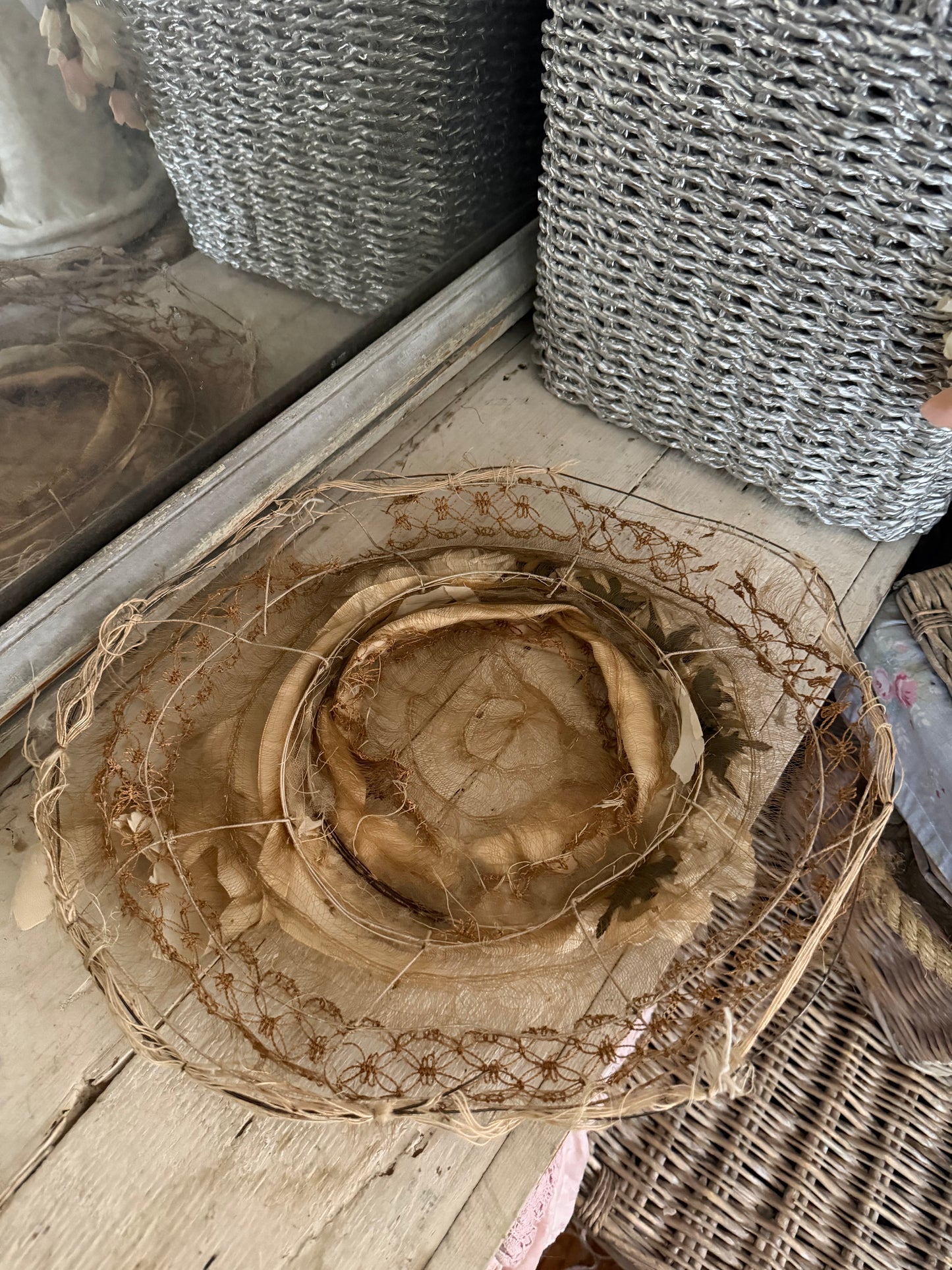Antique Victorian Horse Hair Straw Rose Silk Ribbon Millinery Hat