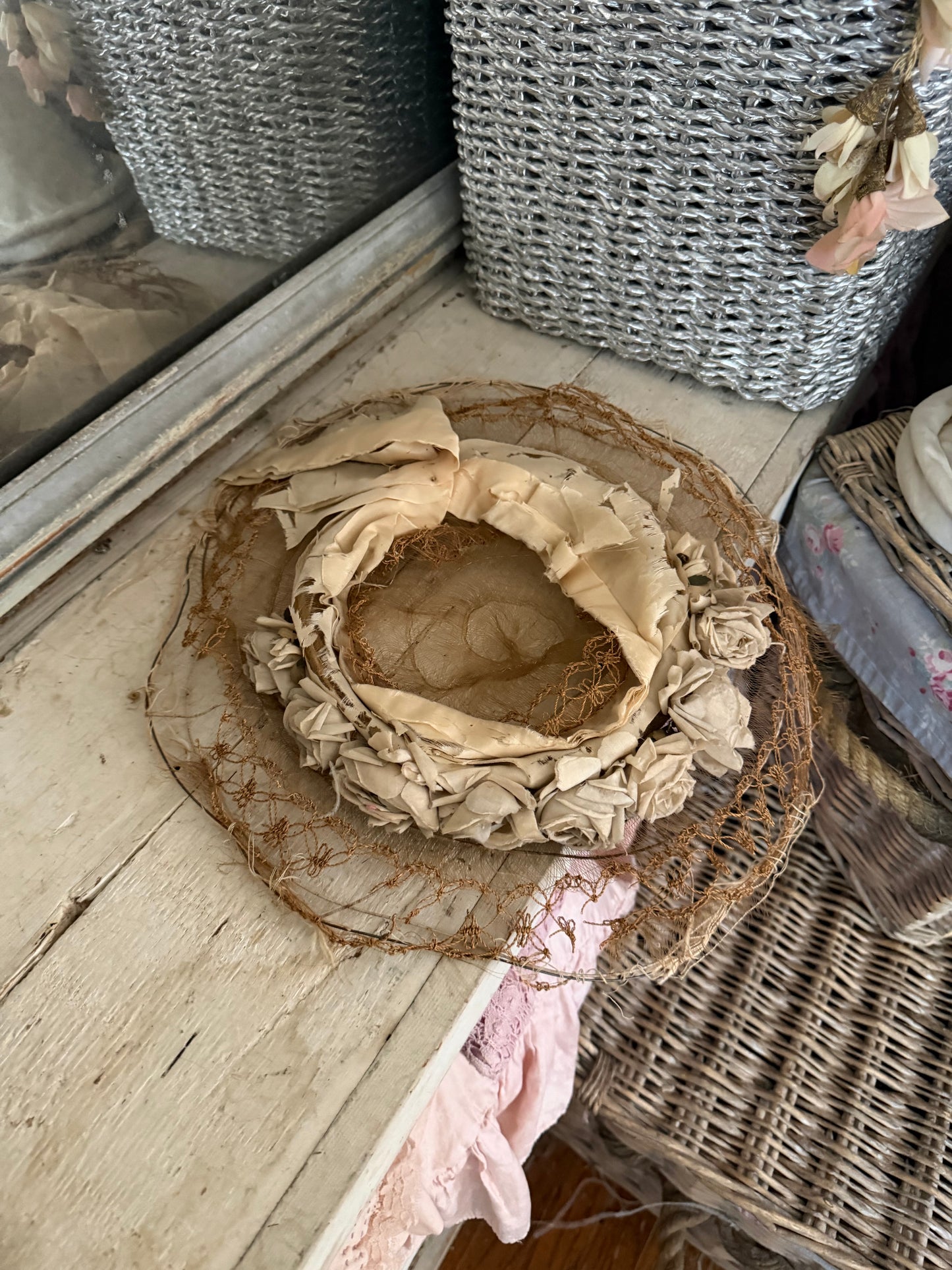 Antique Victorian Horse Hair Straw Rose Silk Ribbon Millinery Hat