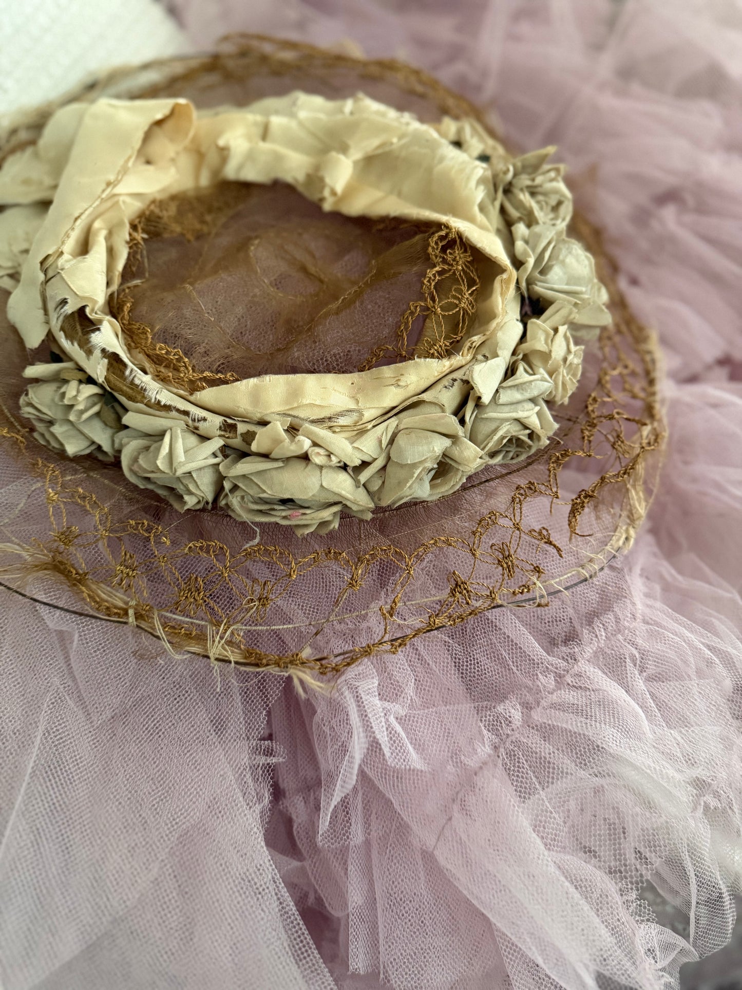Antique Victorian Horse Hair Straw Rose Silk Ribbon Millinery Hat