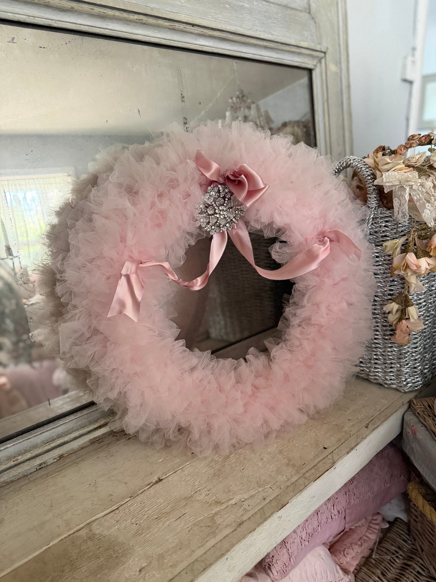 Vintage Pink Tulle Lace Rhinestone Silk Ribbon Wreath