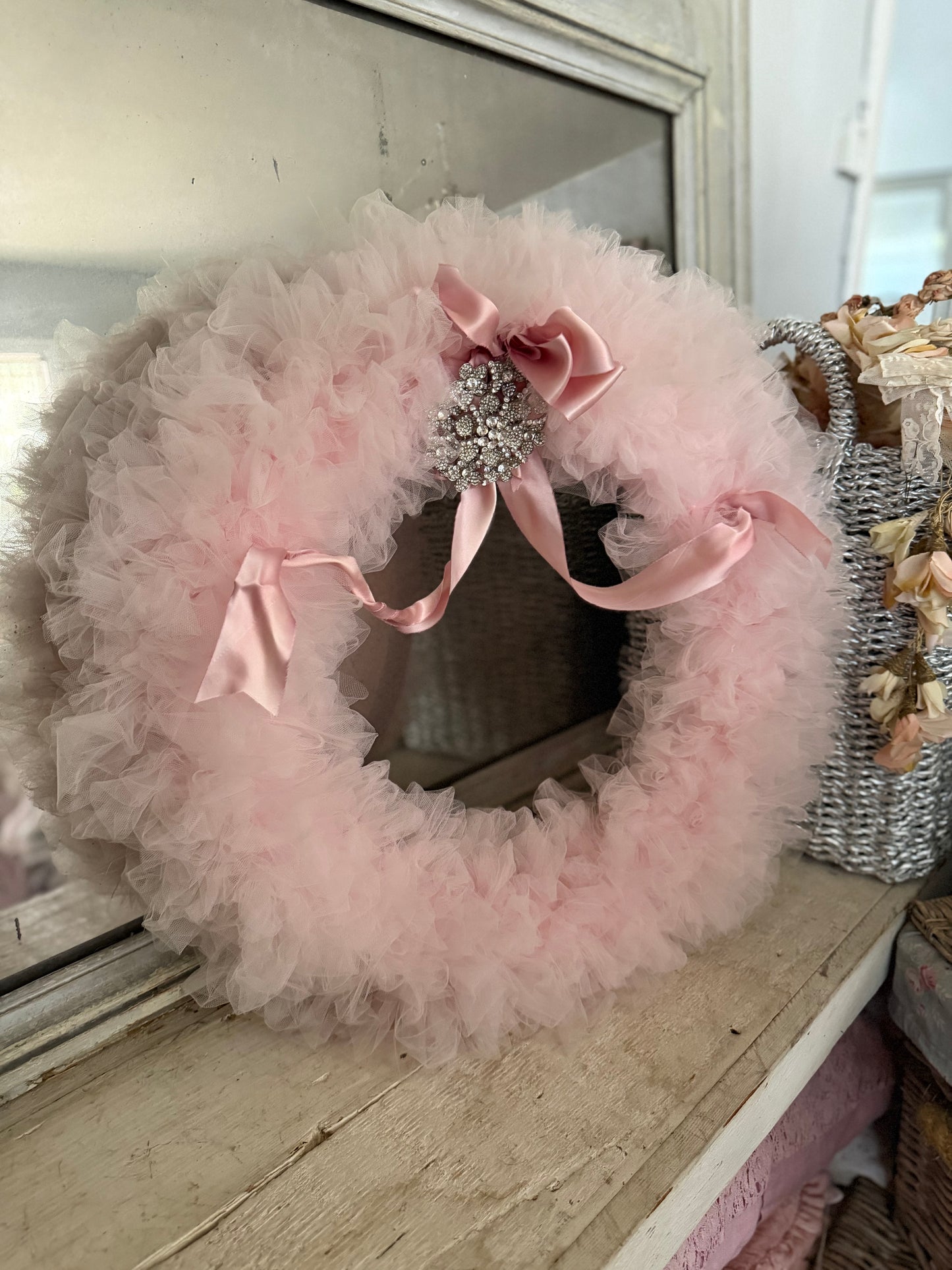 Vintage Pink Tulle Lace Rhinestone Silk Ribbon Wreath