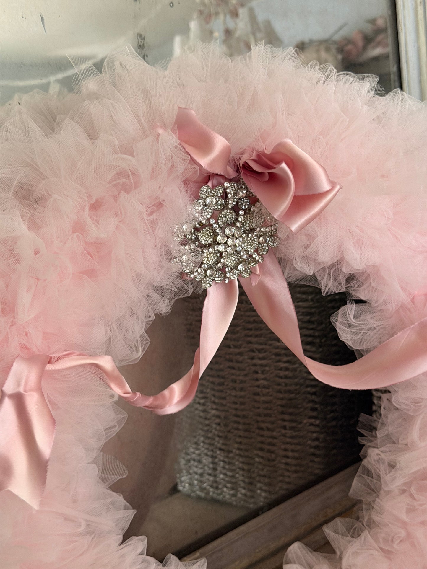 Vintage Pink Tulle Lace Rhinestone Silk Ribbon Wreath
