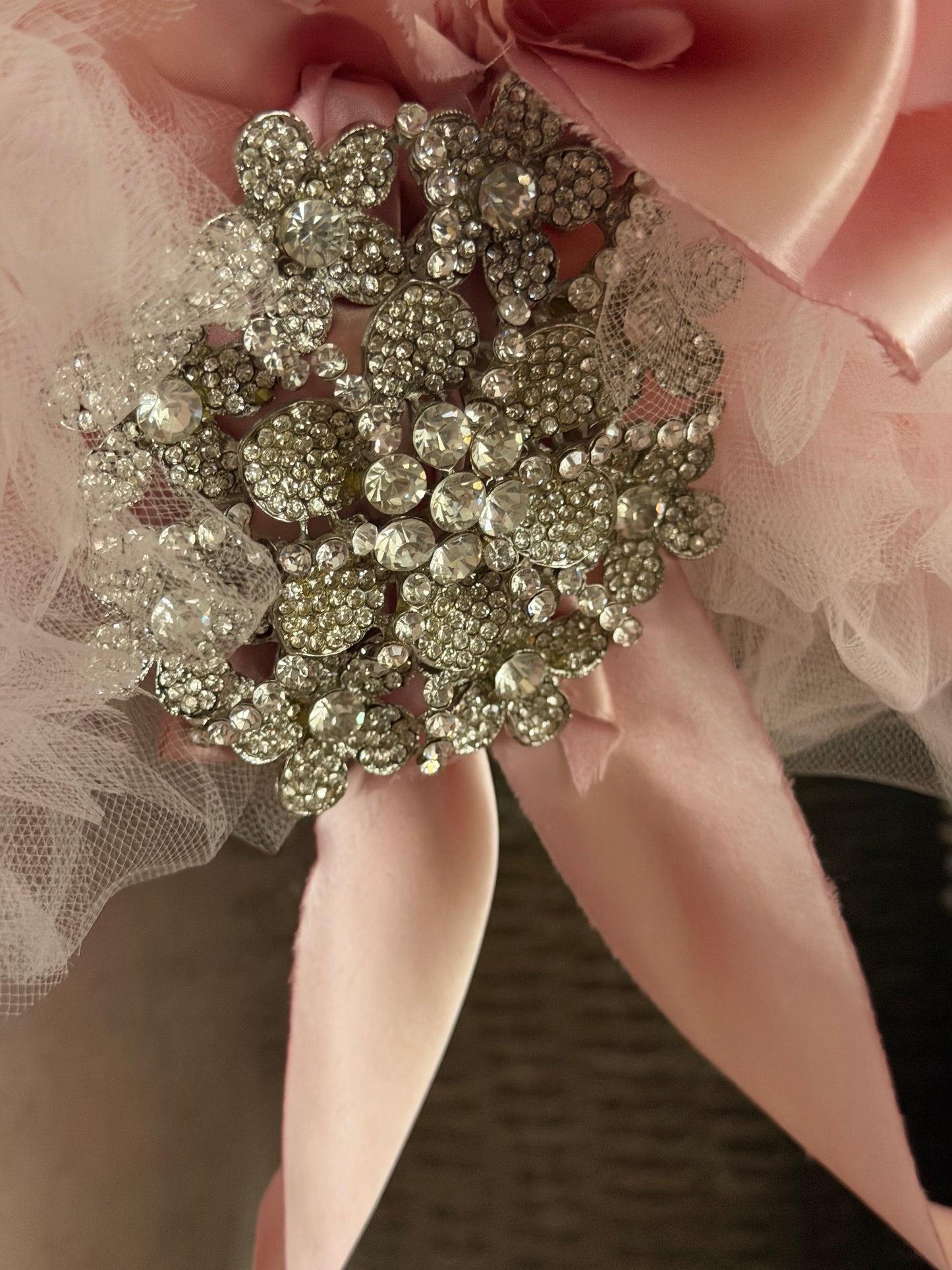 Vintage Pink Tulle Lace Rhinestone Silk Ribbon Wreath