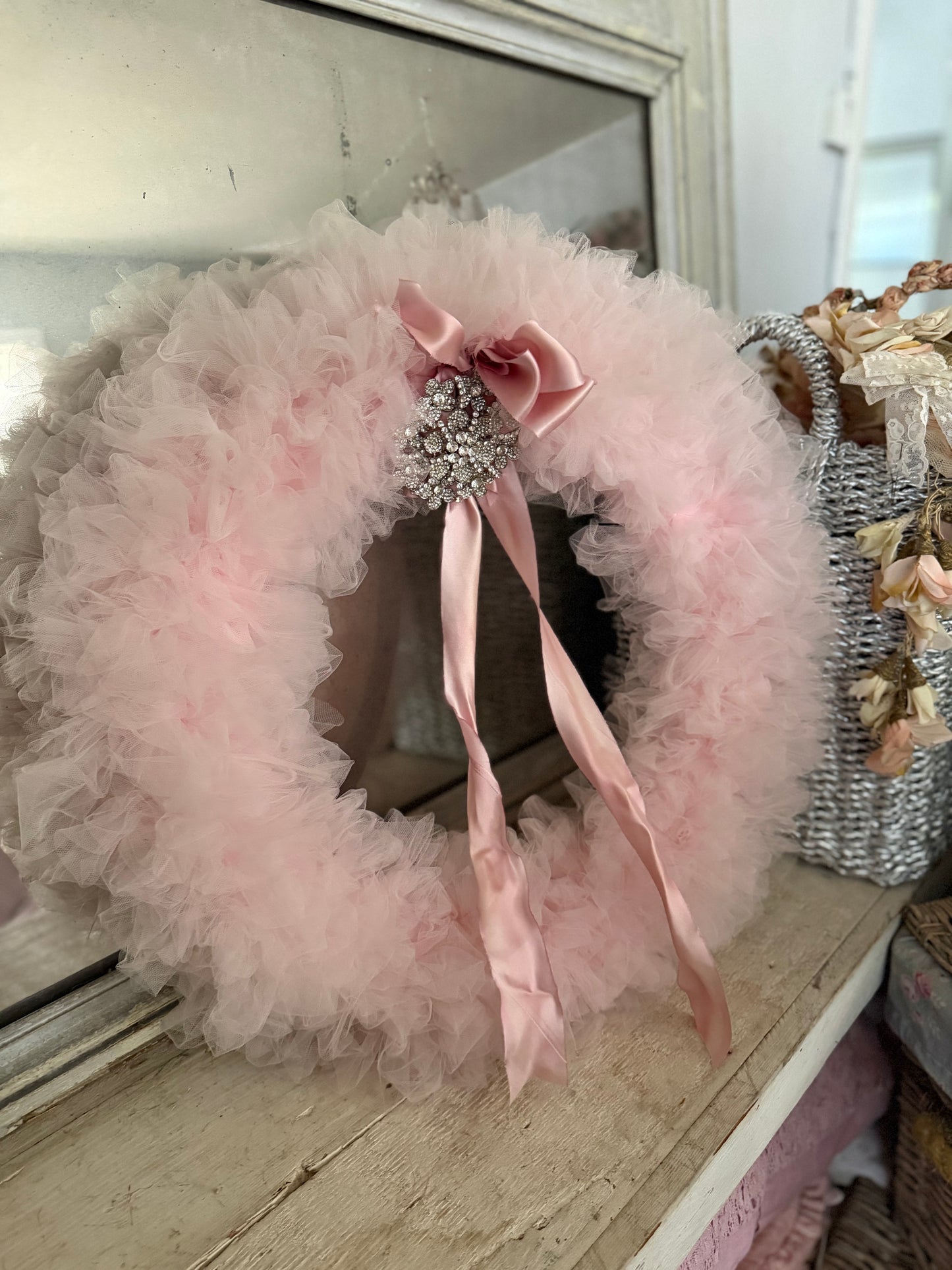 Vintage Pink Tulle Lace Rhinestone Silk Ribbon Wreath