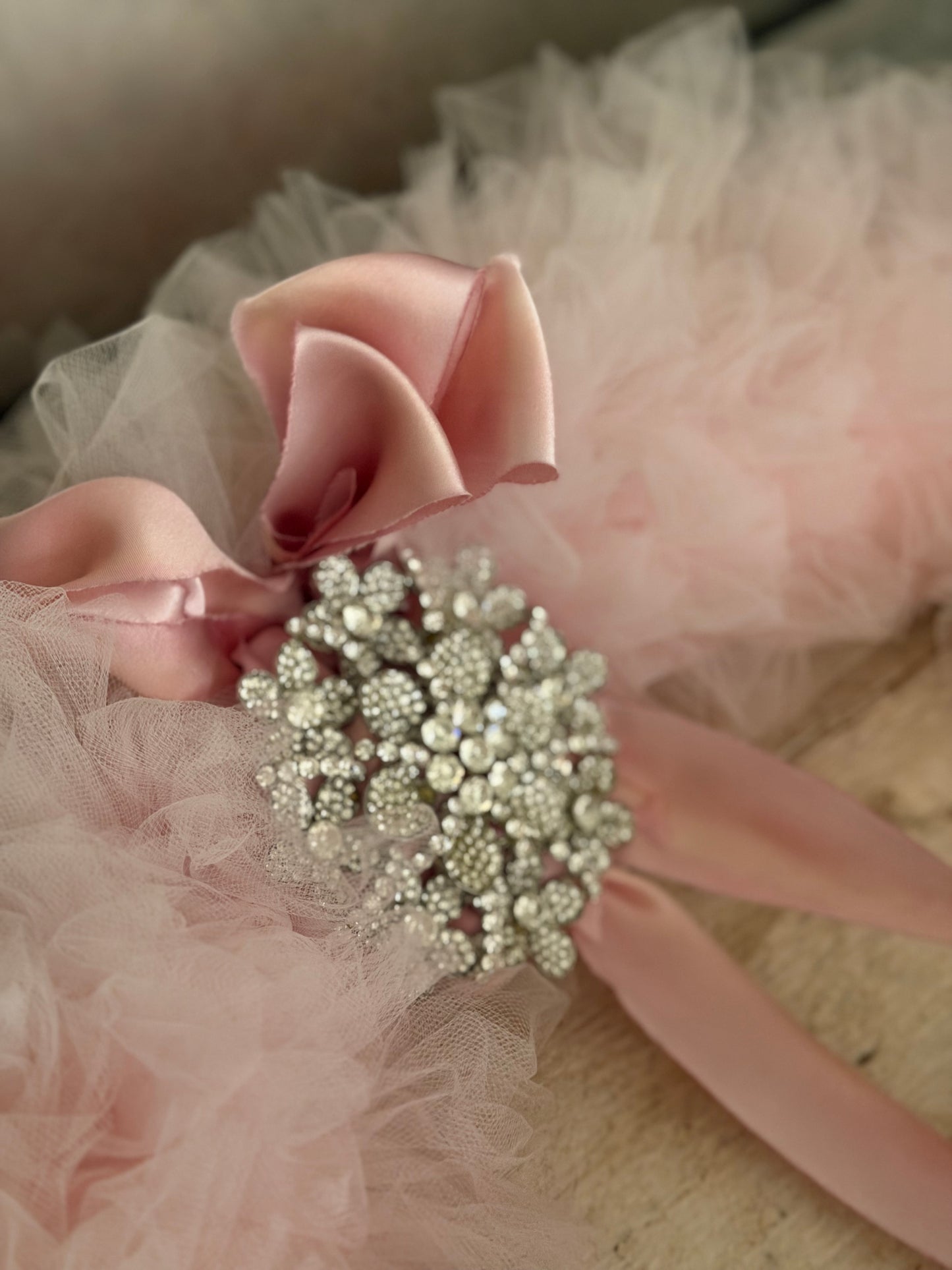 Vintage Pink Tulle Lace Rhinestone Silk Ribbon Wreath