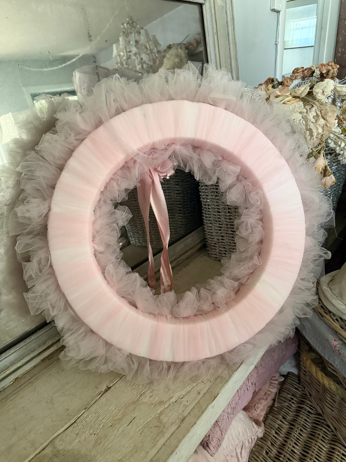 Vintage Pink Tulle Lace Rhinestone Silk Ribbon Wreath