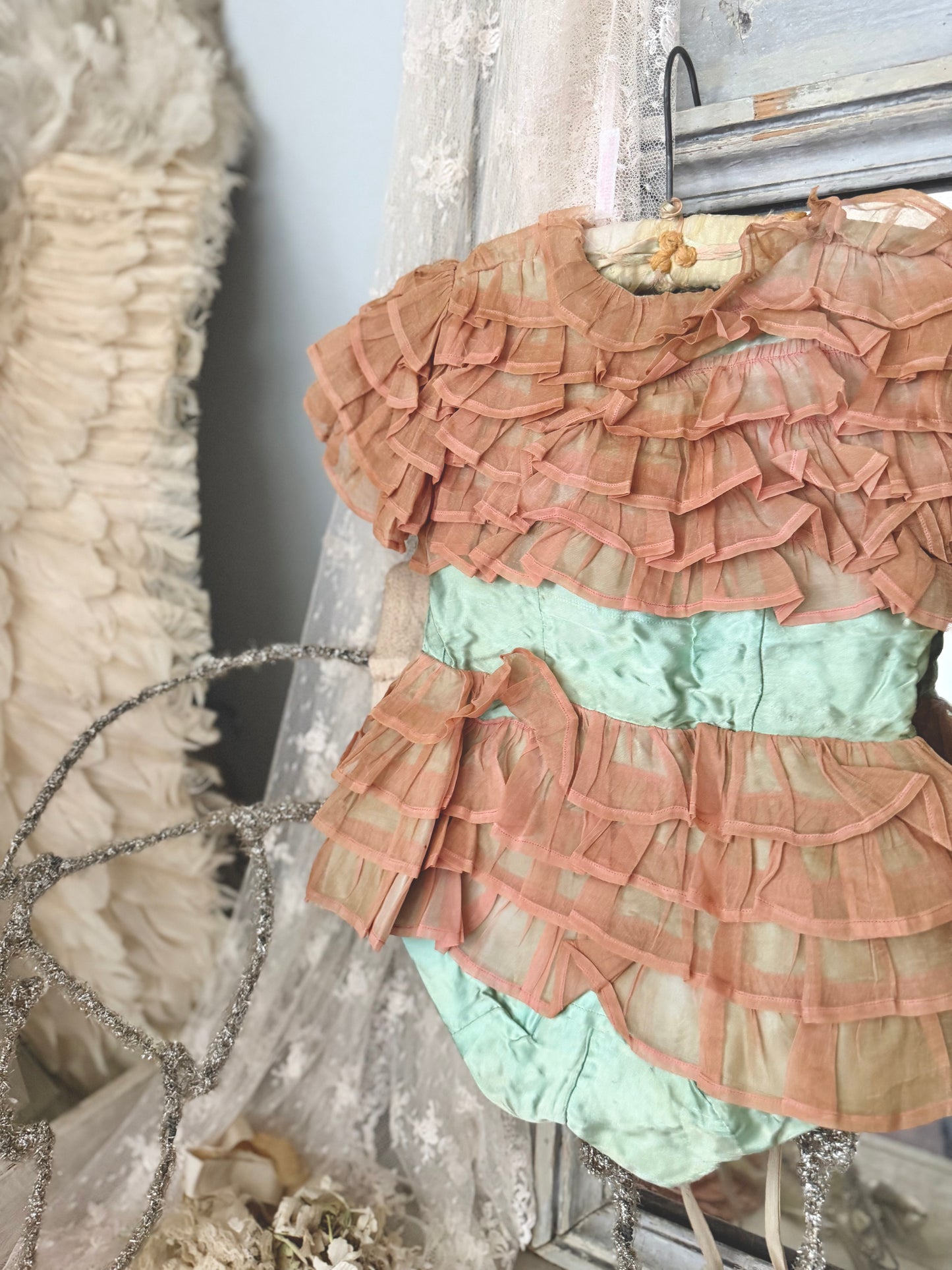 Antique Ballet Dance Costume Pink Green Ruffle With Hat