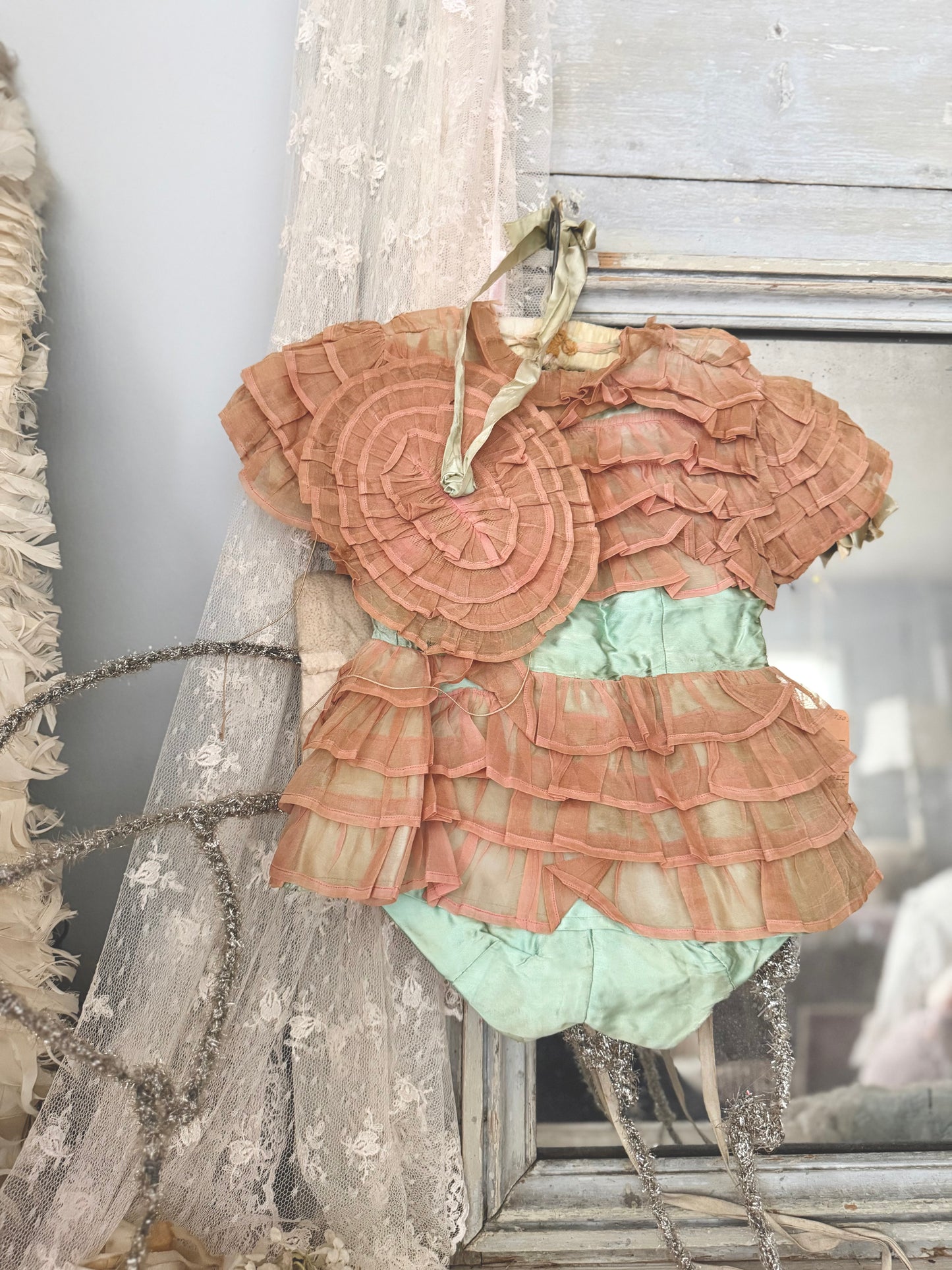 Antique Ballet Dance Costume Pink Green Ruffle With Hat