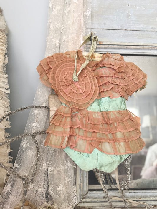 Antique Ballet Dance Costume Pink Green Ruffle With Hat