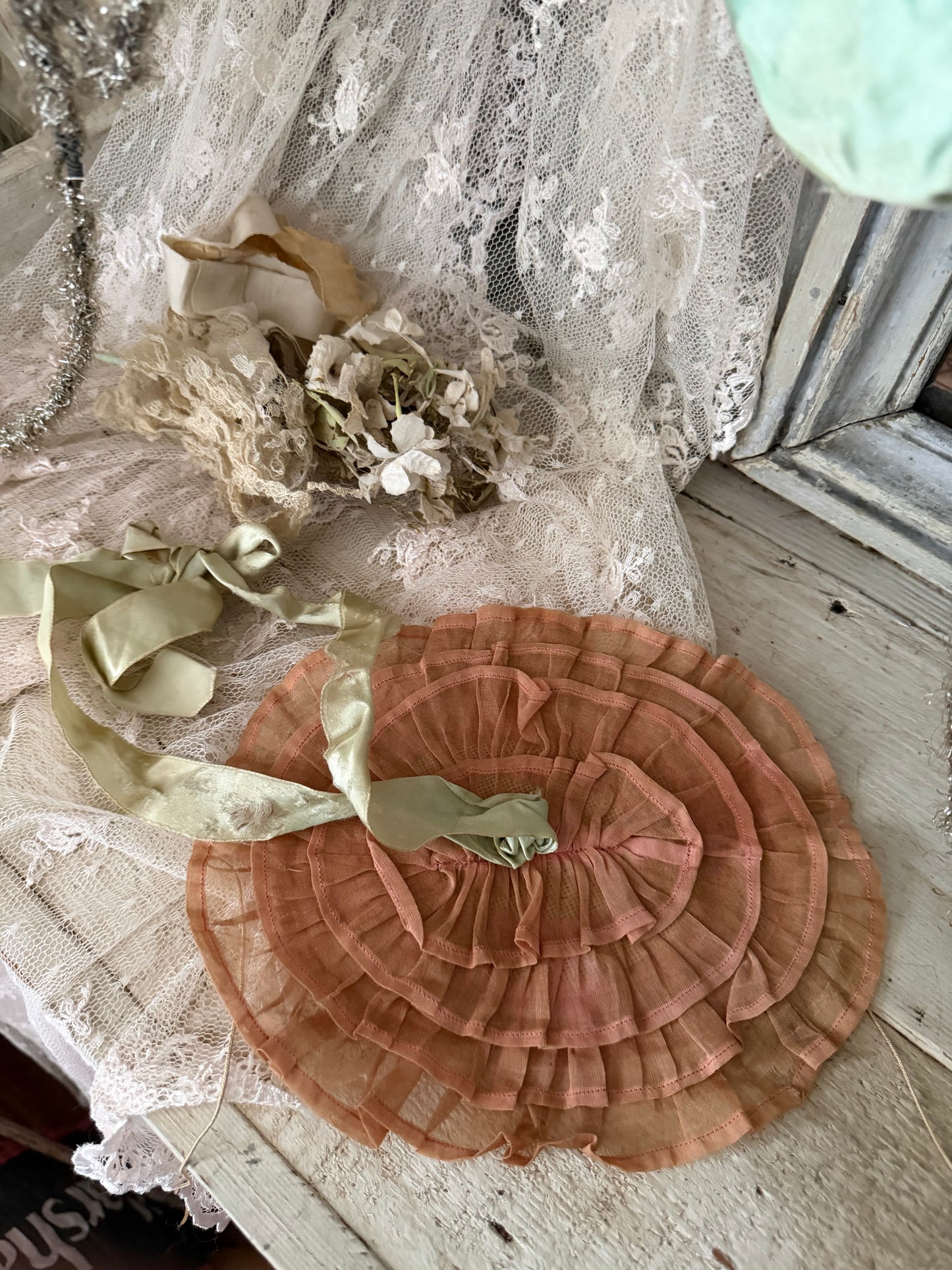 Antique Ballet Dance Costume Pink Green Ruffle With Hat