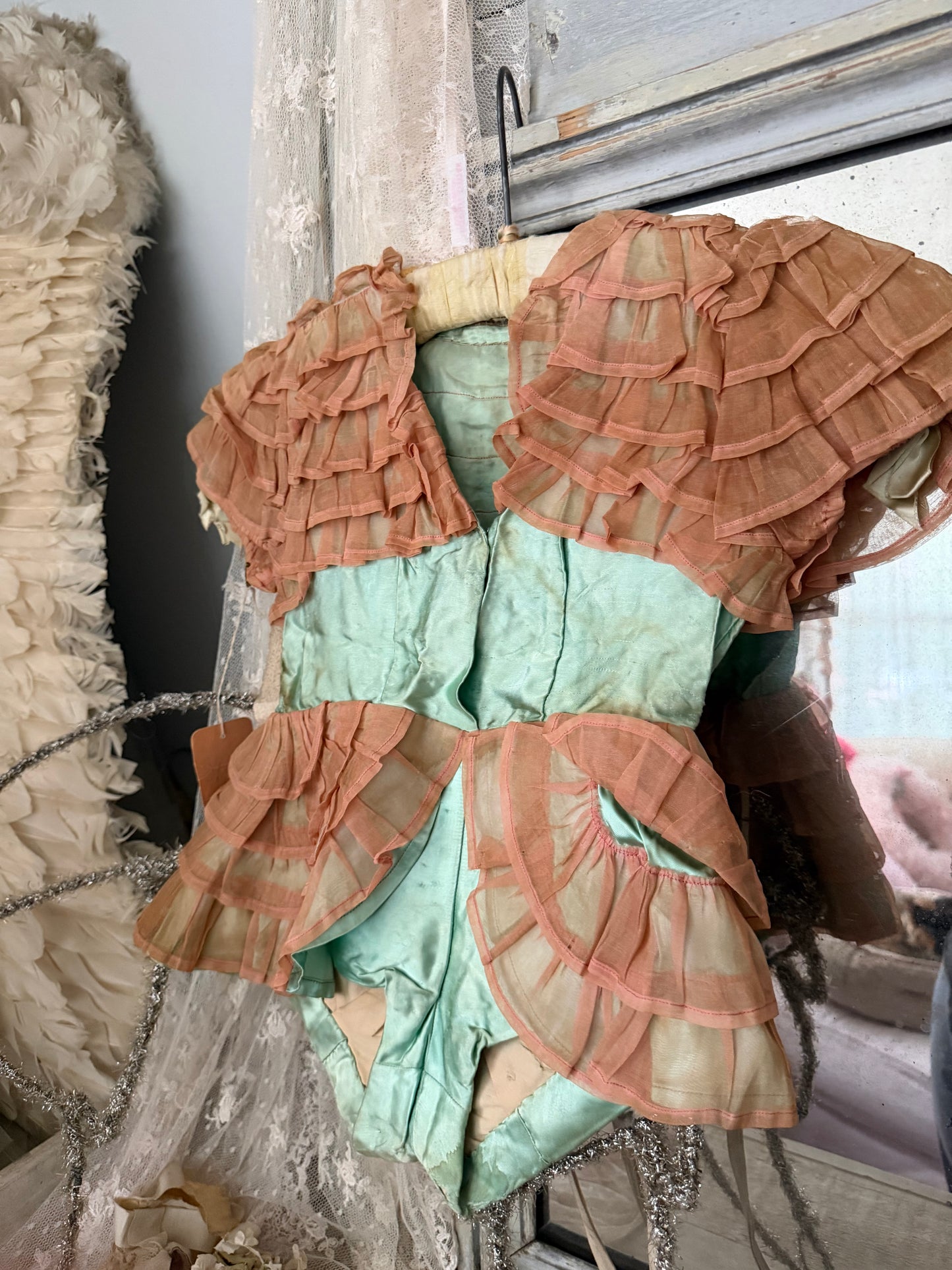 Antique Ballet Dance Costume Pink Green Ruffle With Hat