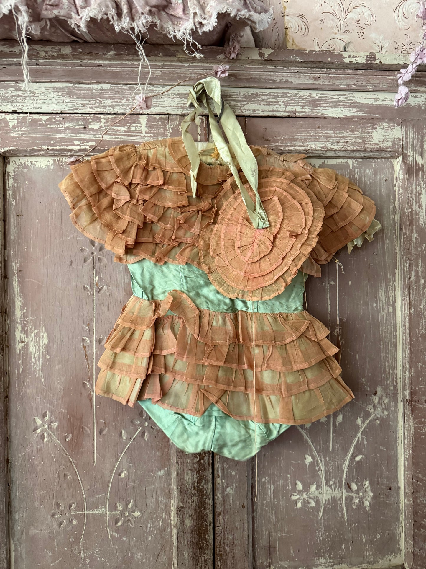 Antique Ballet Dance Costume Pink Green Ruffle With Hat