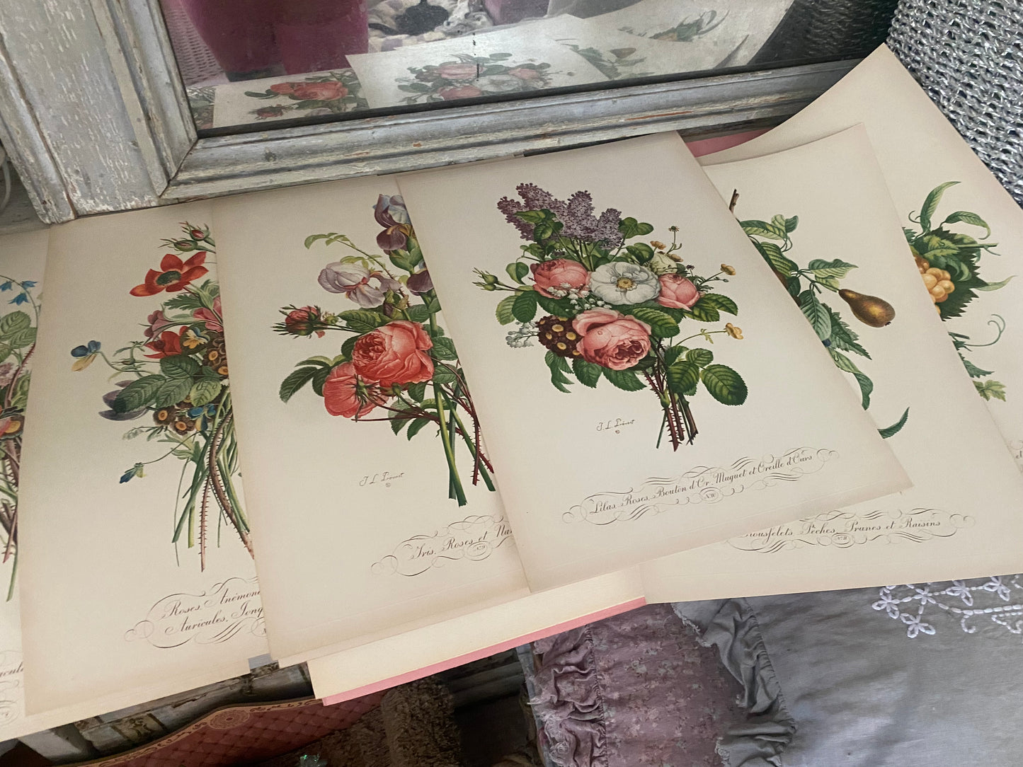Antique French Pink Rose "Fleurs et Fruits" Portfolio of 12 Etchings