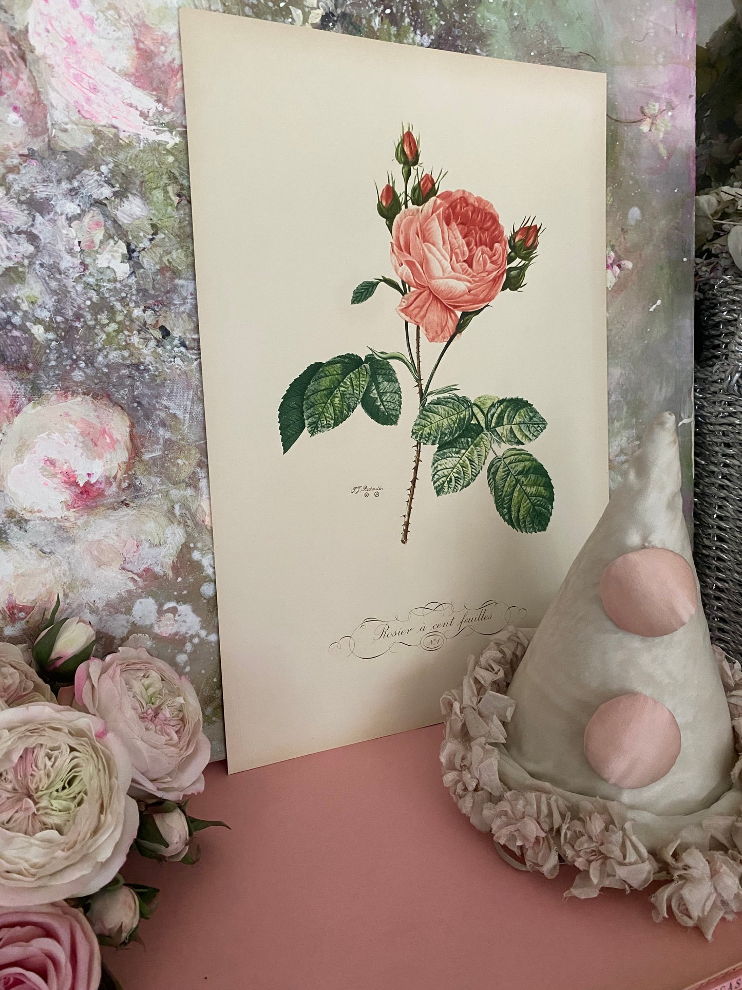 Antique French Pink Rose Etching Fleurs No.1