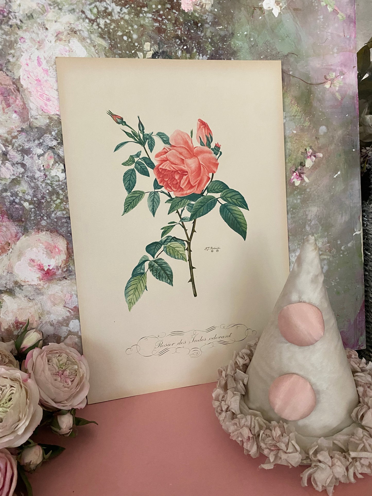 Antique French Pink Rose Etching Fleurs No.5