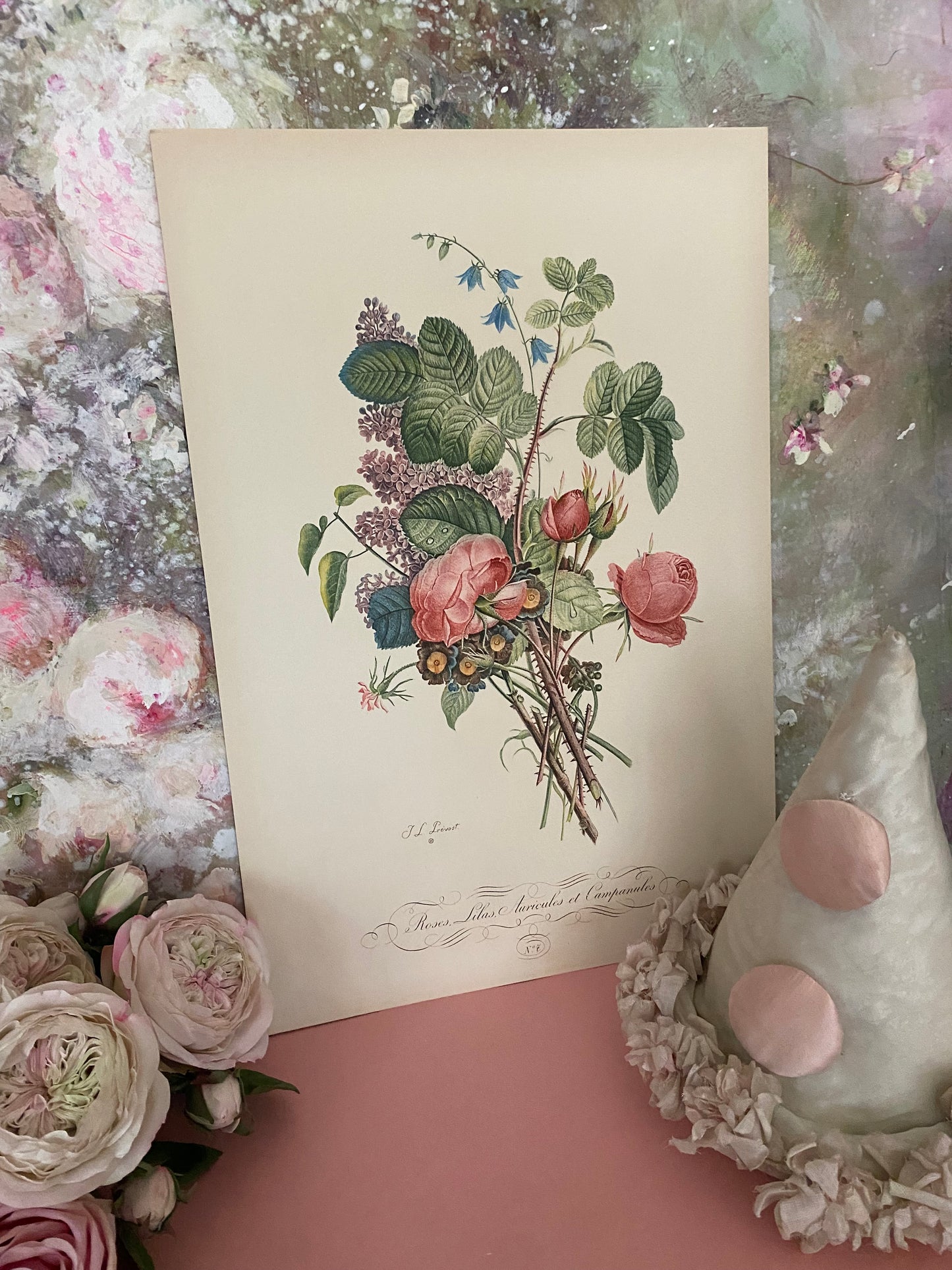 Antique French Pink Rose Bouquet Etching Fleurs No.7