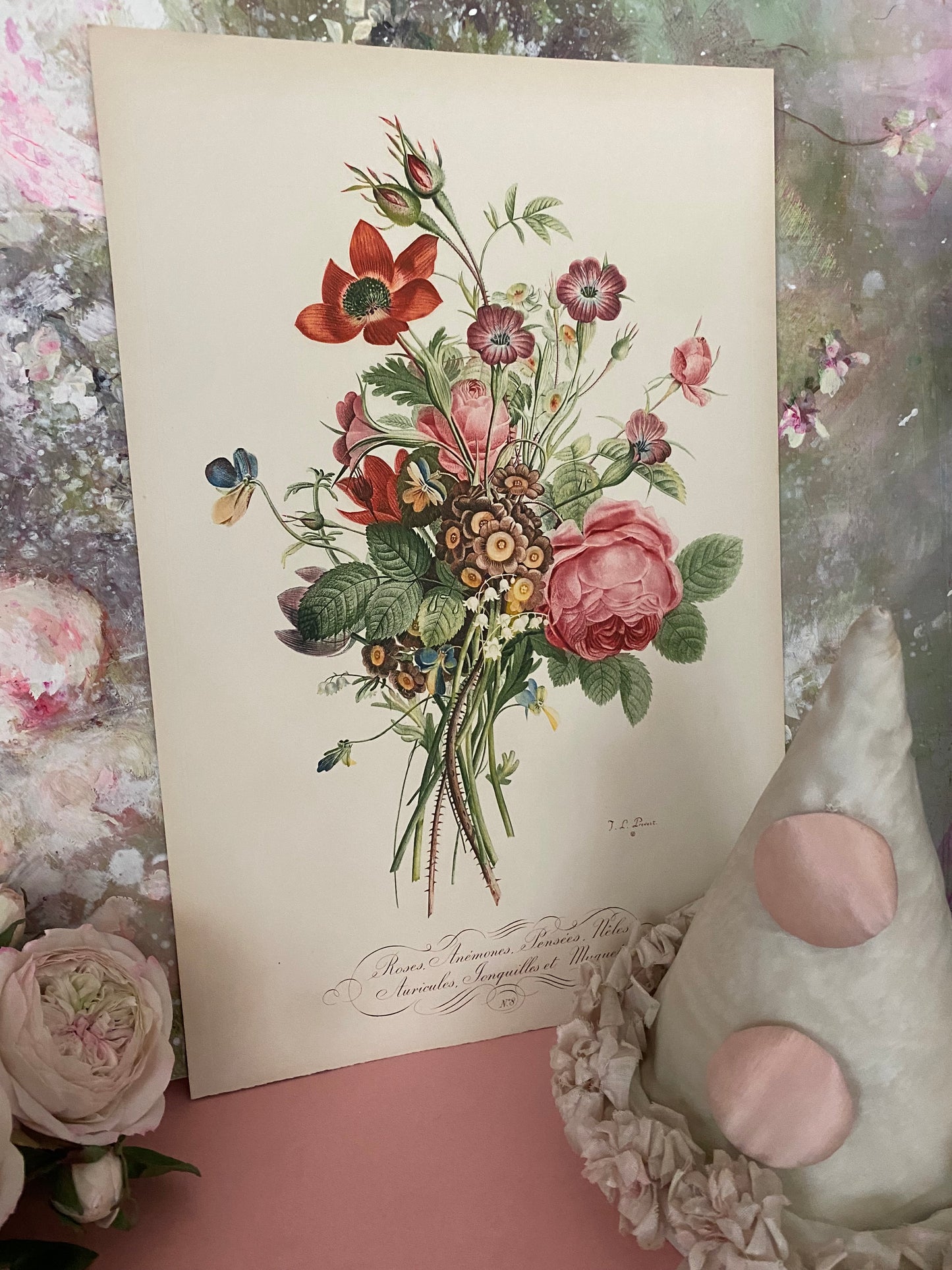Antique French Pink Rose Bouquet Etching Fleurs No.8