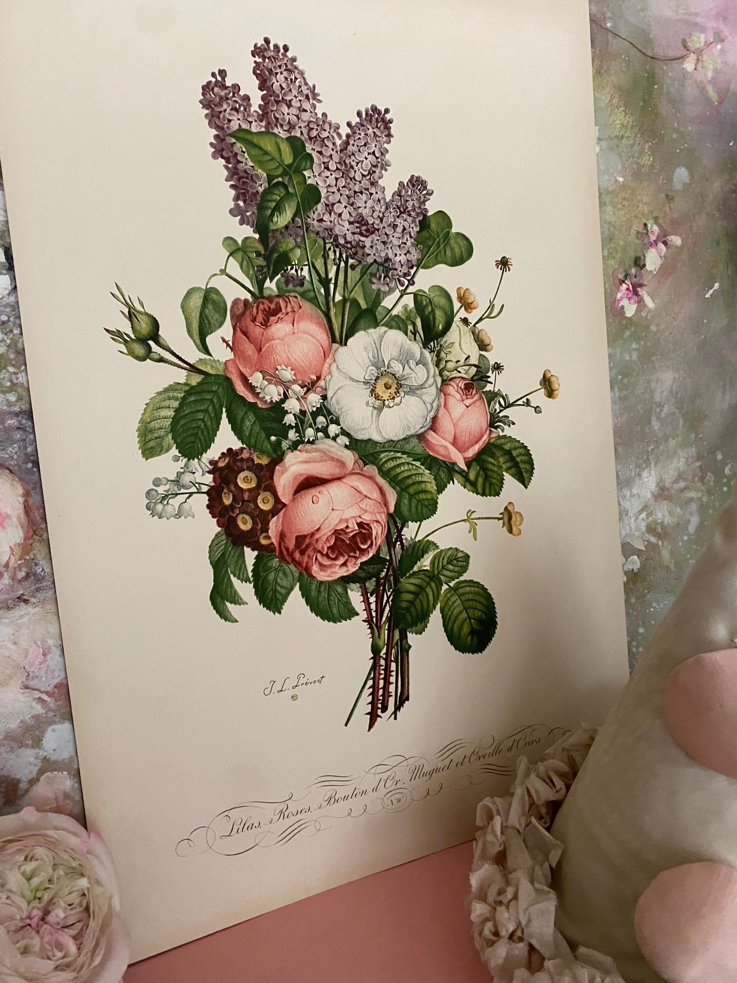 Antique French Pink Rose Lilac Bouquet Etching Fleurs No.10