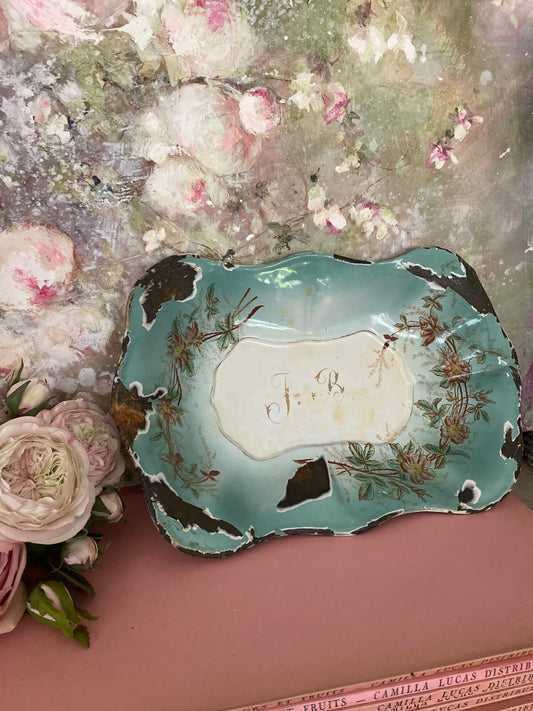 RARE Antique XL French Enamel Painted Dish