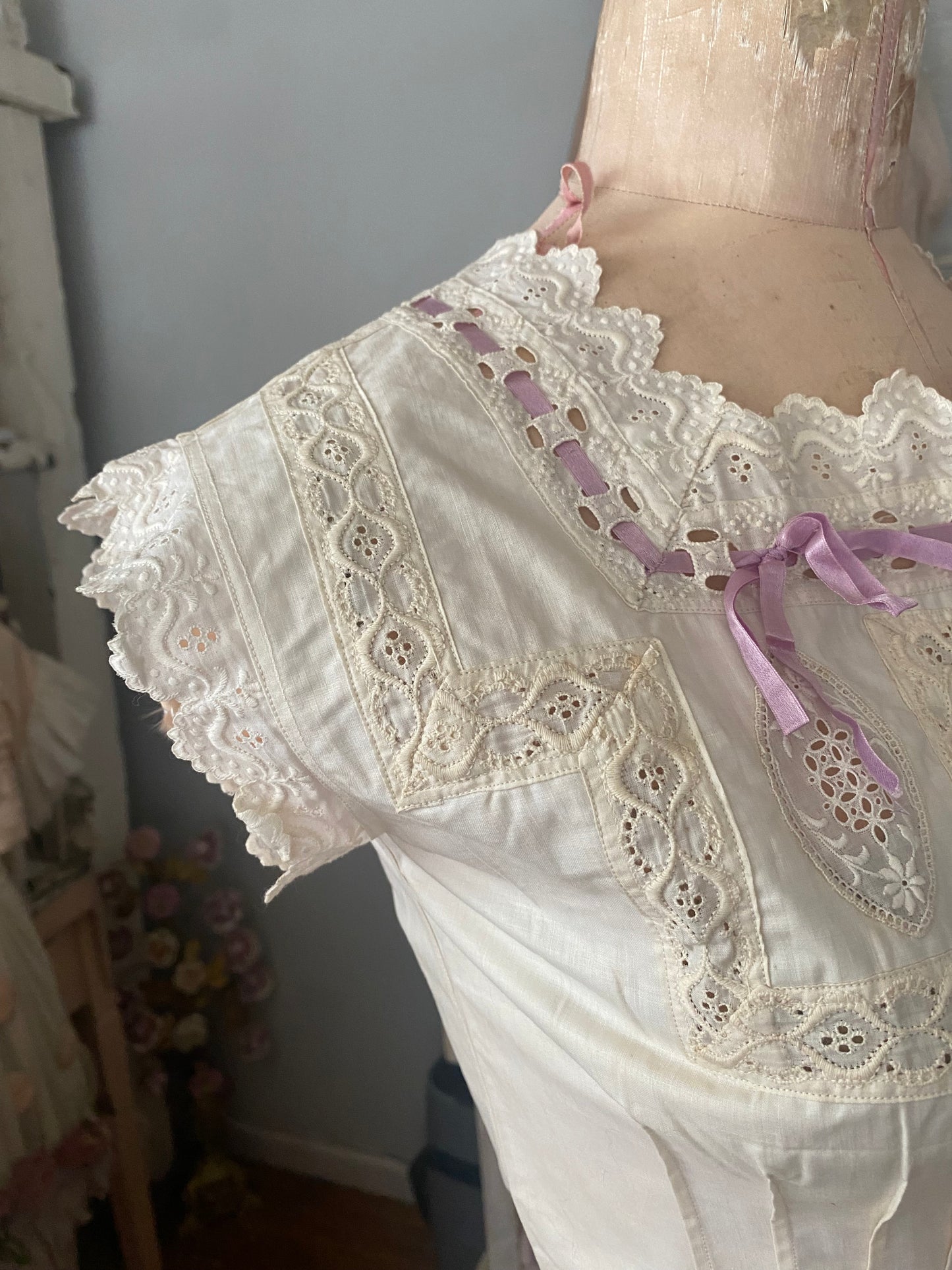 Antique Undergarments Set Corset Cover Camisole Pantaloons Lace Lavender Ribbon