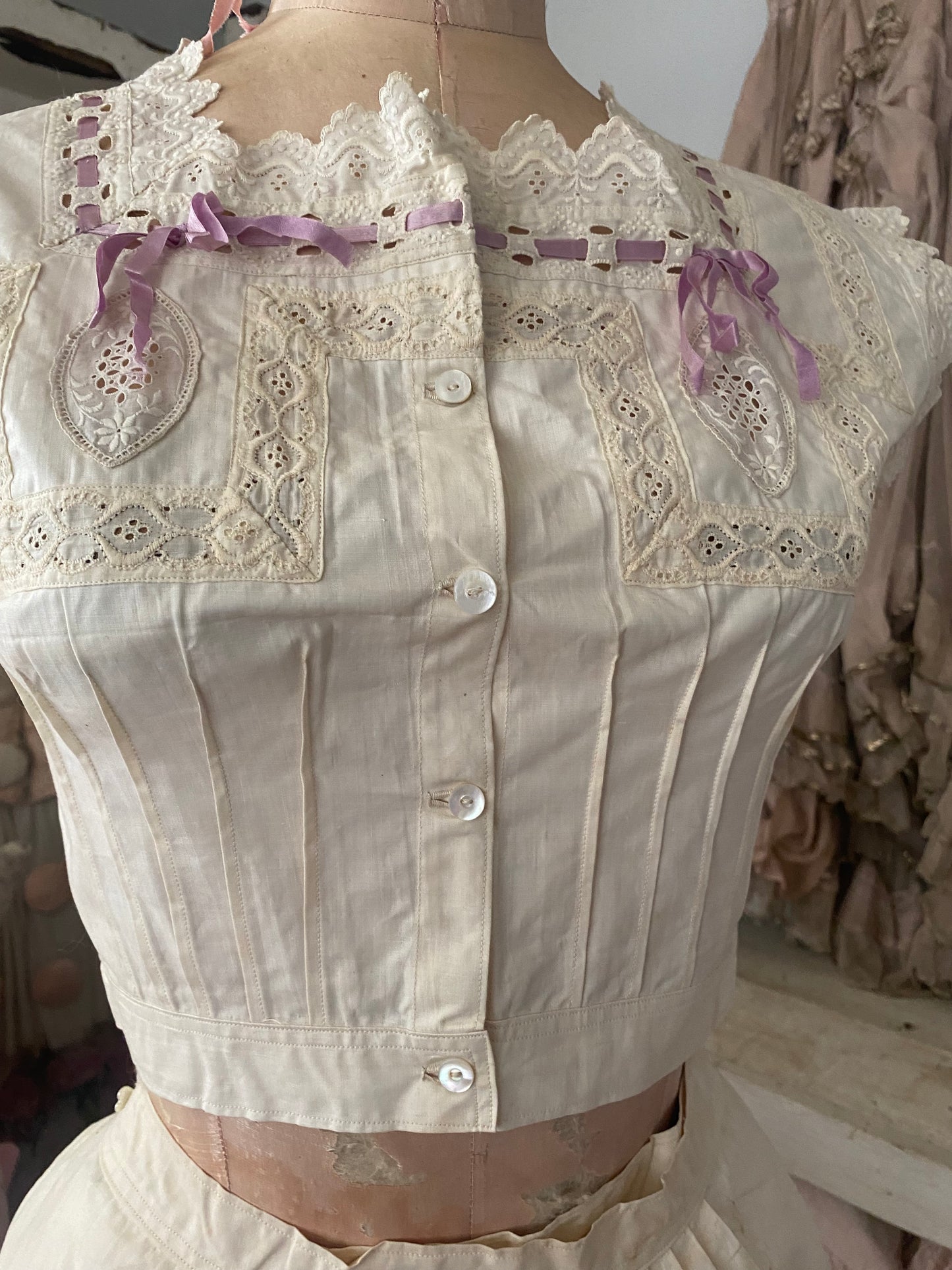 Antique Undergarments Set Corset Cover Camisole Pantaloons Lace Lavender Ribbon