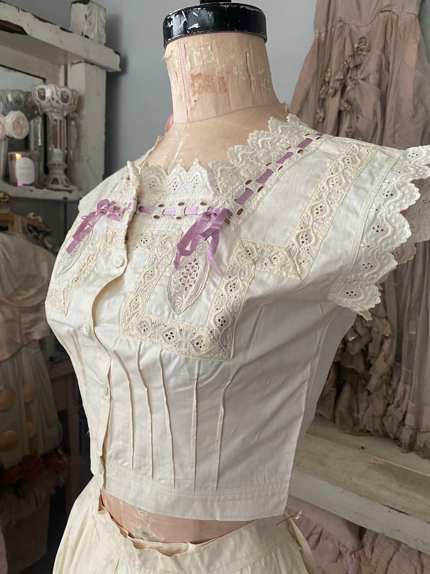 Antique Undergarments Set Corset Cover Camisole Pantaloons Lace Lavender Ribbon