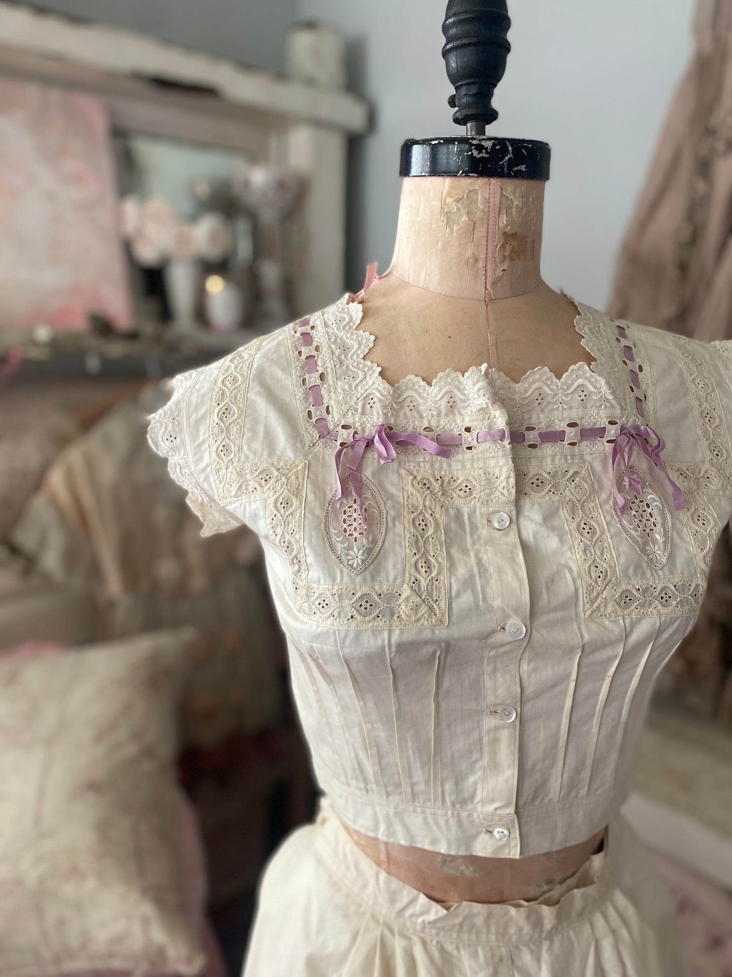 Antique Undergarments Set Corset Cover Camisole Pantaloons Lace Lavender Ribbon