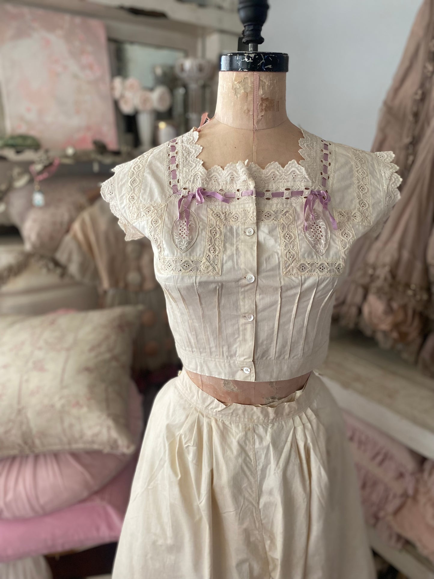 Antique Undergarments Set Corset Cover Camisole Pantaloons Lace Lavender Ribbon