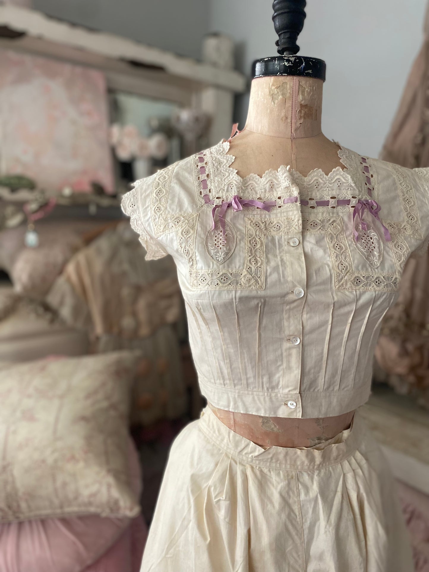 Antique Undergarments Set Corset Cover Camisole Pantaloons Lace Lavender Ribbon