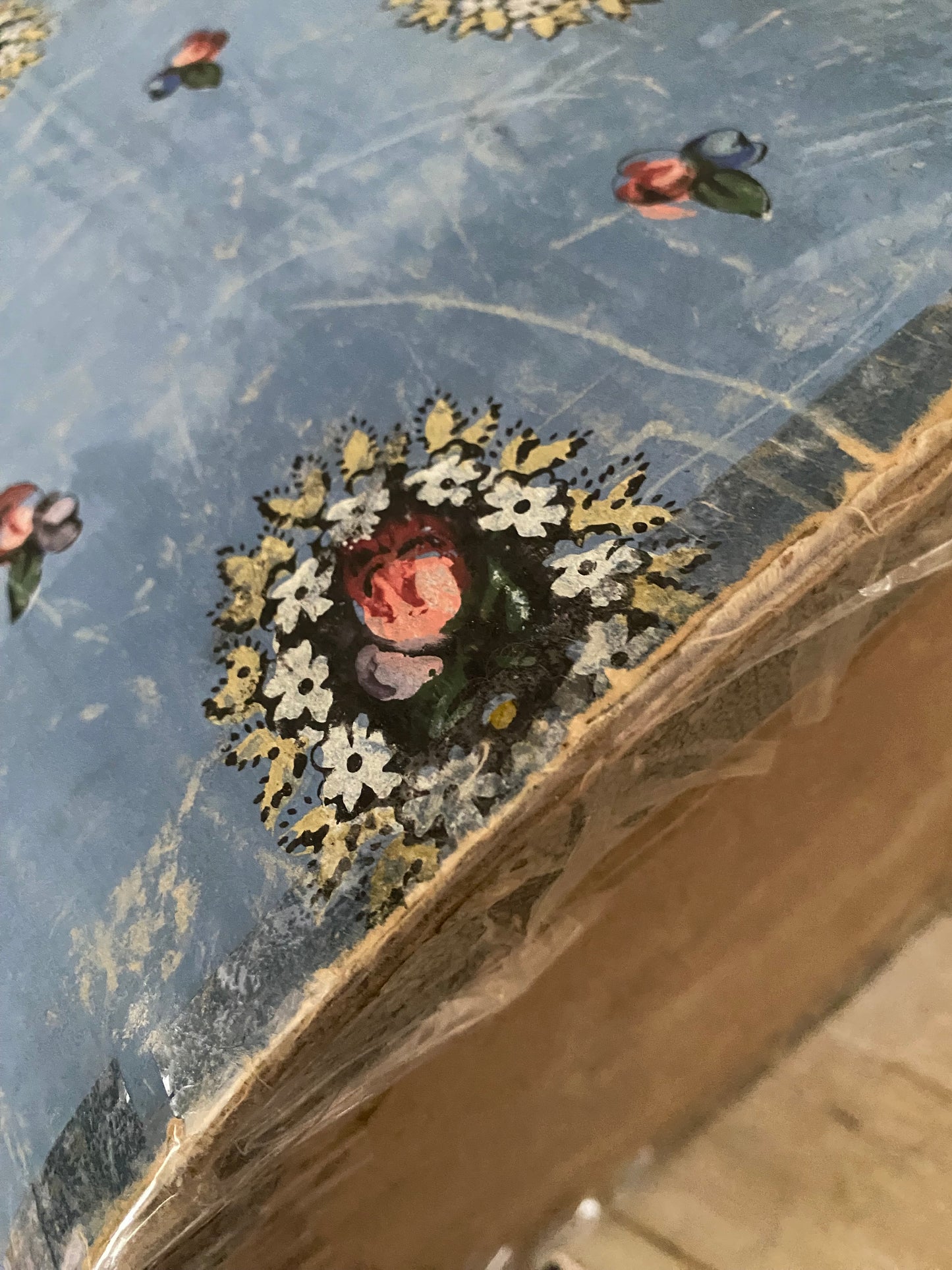 Antique Hat Box Faded Blue Hand Painted Wallpaper