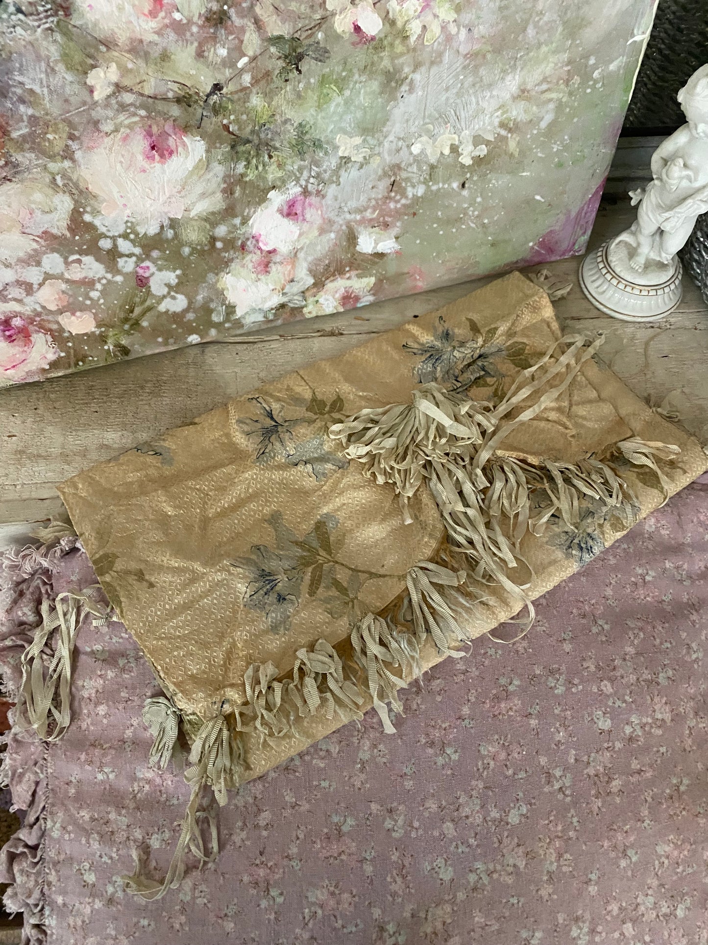Antique Silk Blue Floral Ribbonwork Lingerie Holder