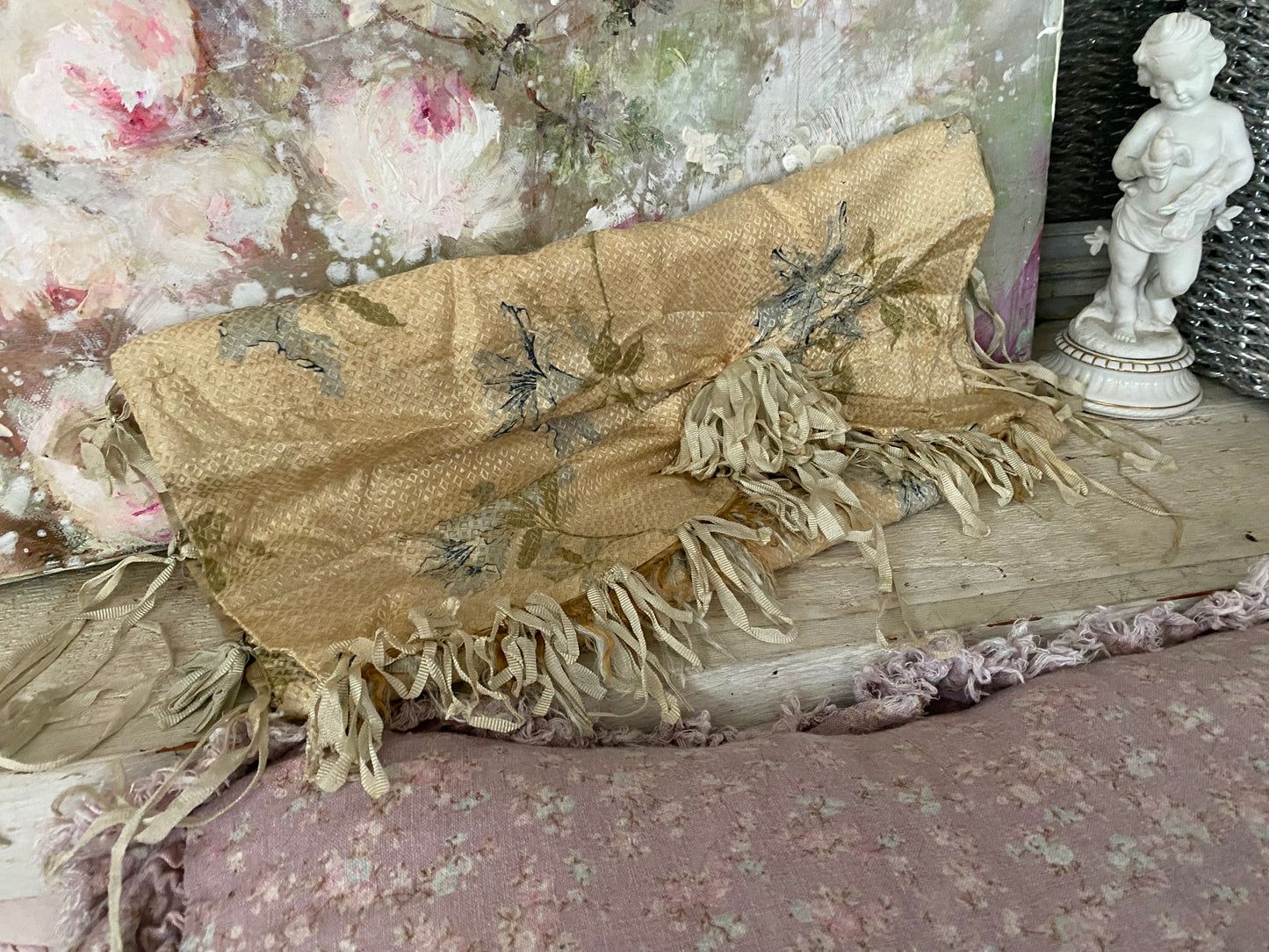 Antique Silk Blue Floral Ribbonwork Lingerie Holder