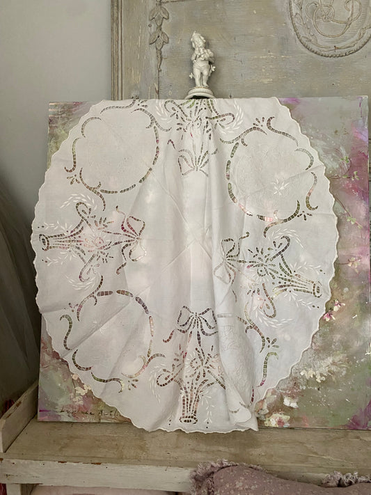 Antique Linen Lace Cherub Flower Basket Bows Tablecloth