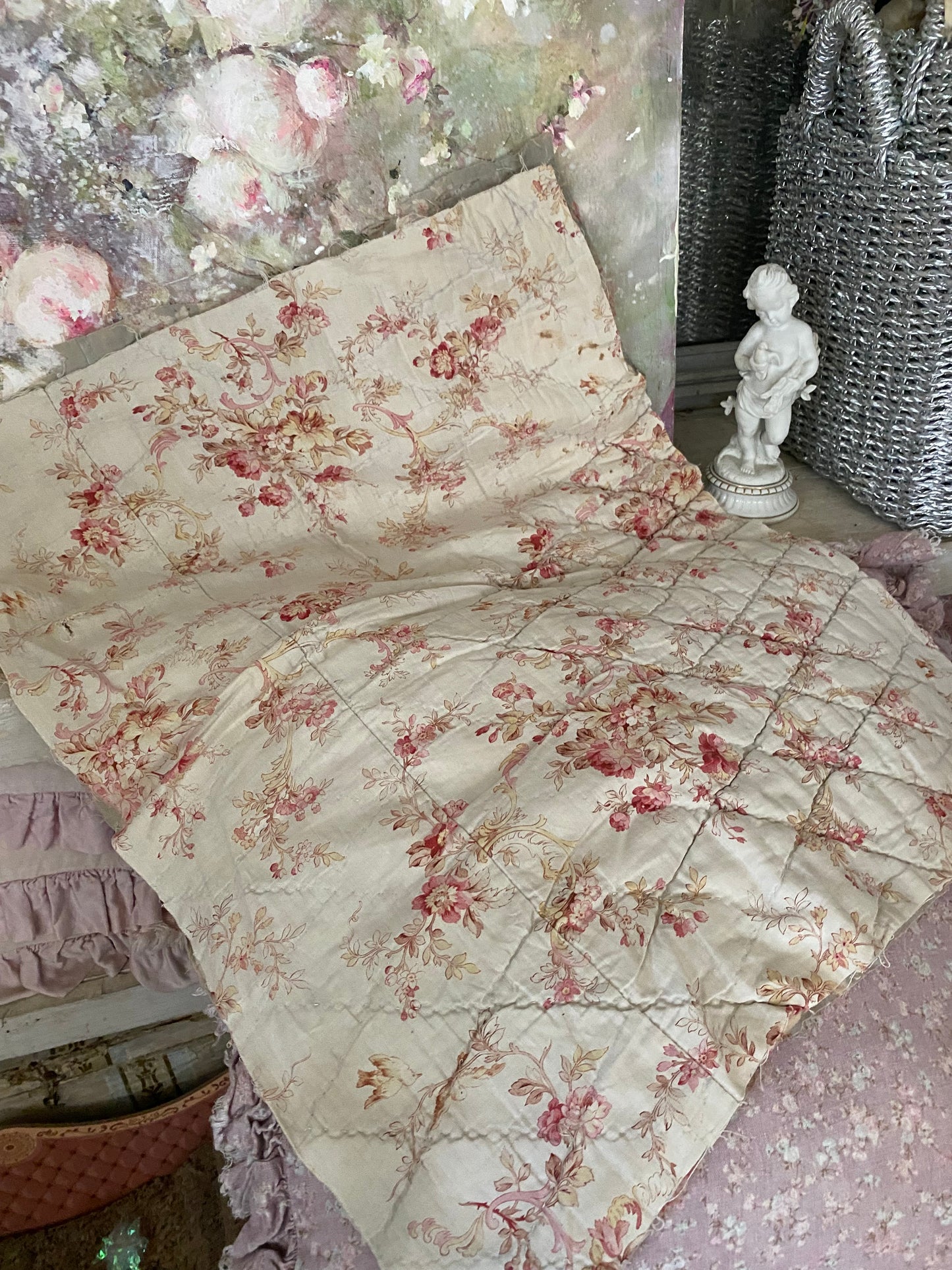 Antique French Boutis Quilt Fabric