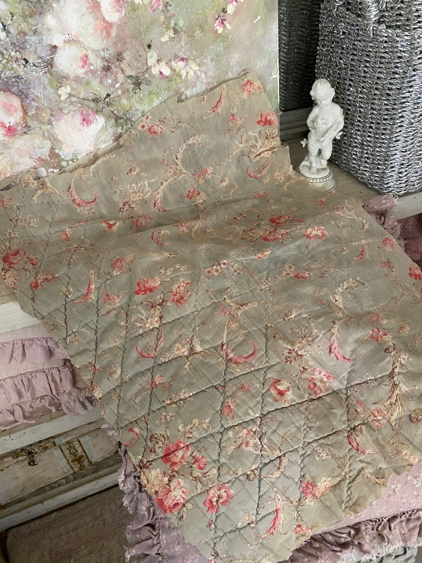 Antique French Boutis Quilt Fabric